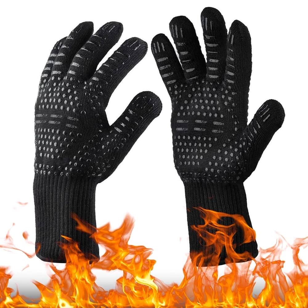 Front. COWIN - BBQ Gloves Heat Resistant Cooking for Barbecue Grilling Oven Baking Camping - Black.