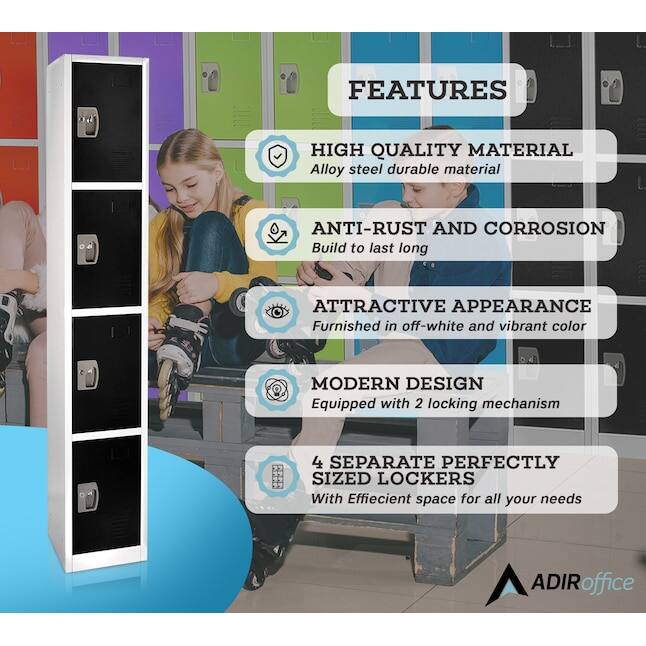 FEATURES
HIGH QUALITY MATERIAL
Alloy steel durable material
ANTI-RUST AND CORROSION
Build to last long
ATTRACTIVE APPEARANCE
Furnished in off-white and vibrant color
MODERN DESIGN
Equipped with 2 locking mechanism
4 SEPARATE PERFECTLY SIZED LOCKERS
With Efficient space for all your needs
ADIRoffice