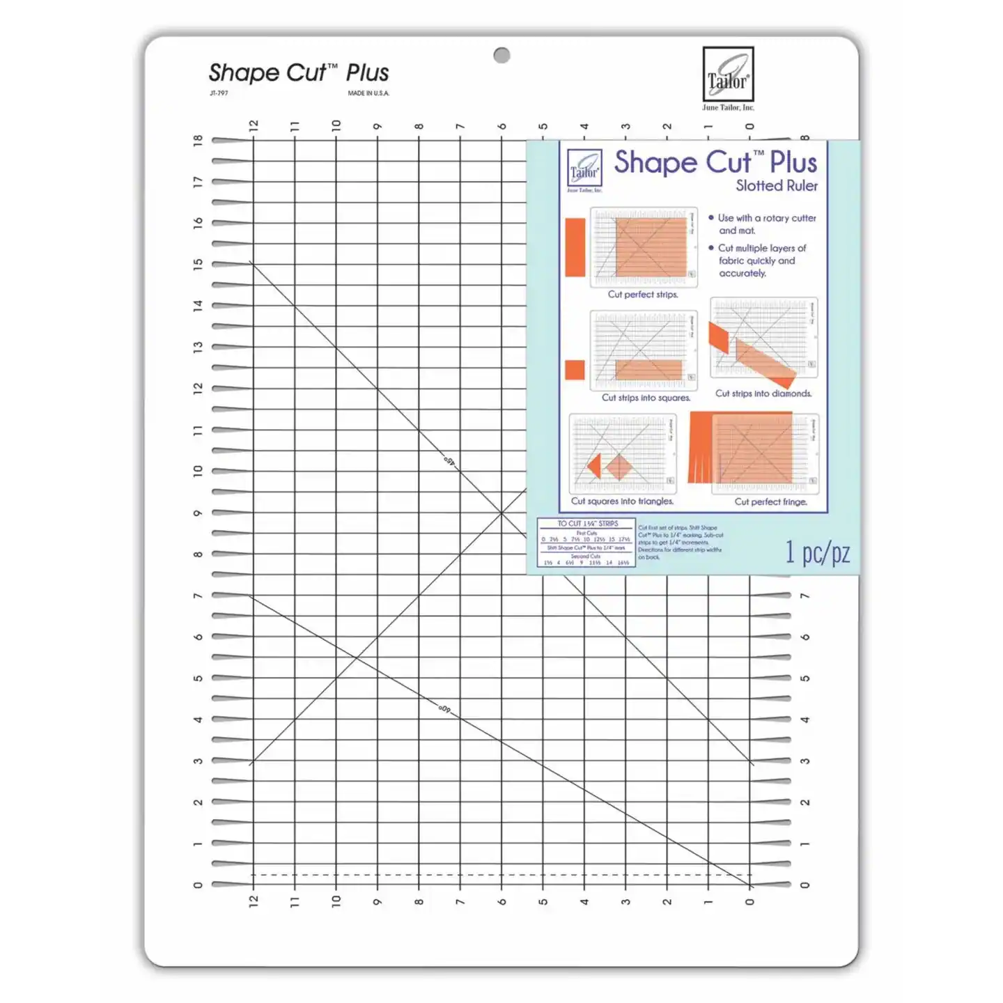 Shape Cut Plus - Slotted Ruler - Use with a rotary cutter and mat. Cut multiple layers of fabric quickly and accurately. Cut perfect strips. Cut strips into squares. Cut strips into diamonds. Cut shapes into triangles. Cut strips into triangles. 1 pc/pz.