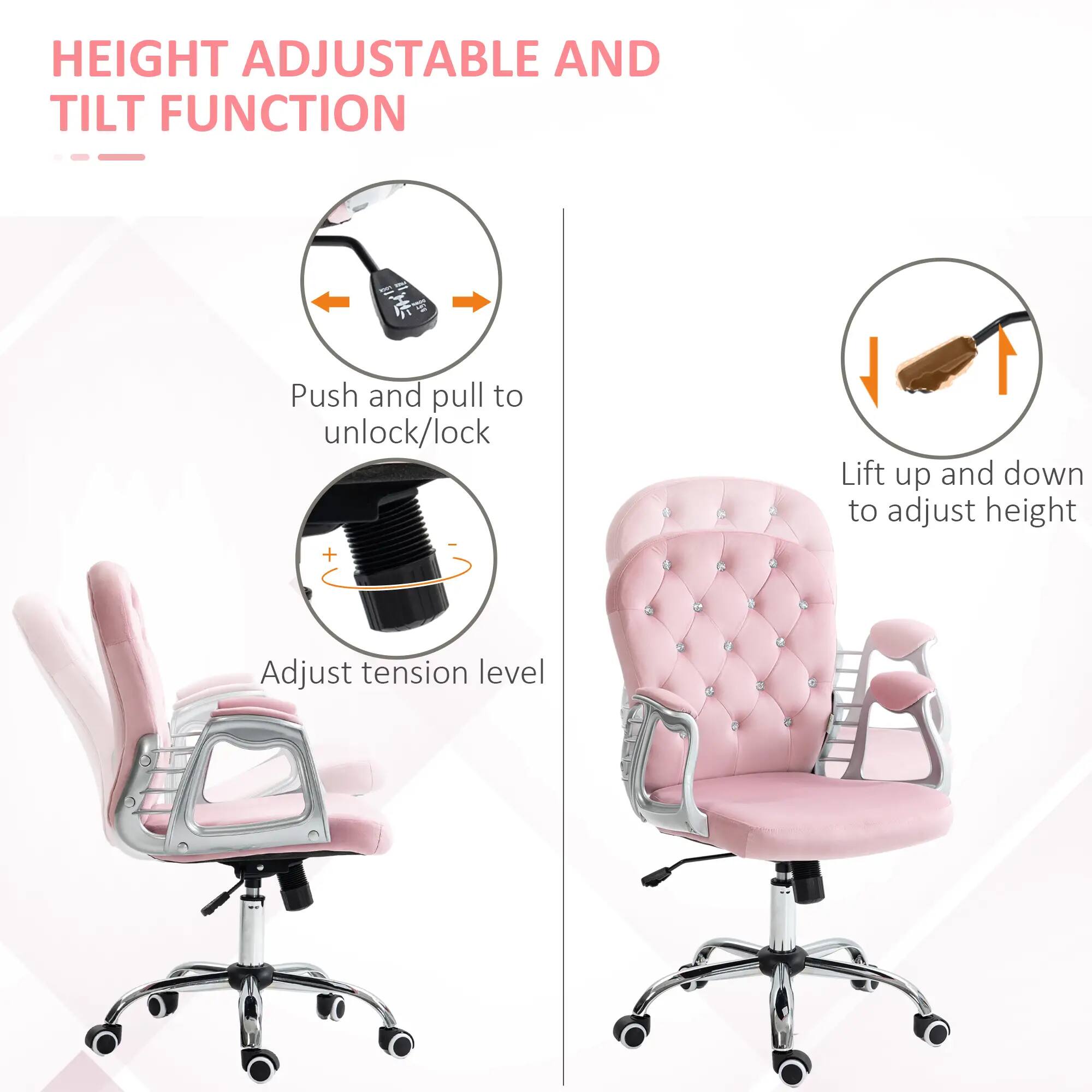 HEIGHT ADJUSTABLE AND TILT FUNCTION

Push and pull to unlock/lock

Lift up and down to adjust height

Adjust tension level