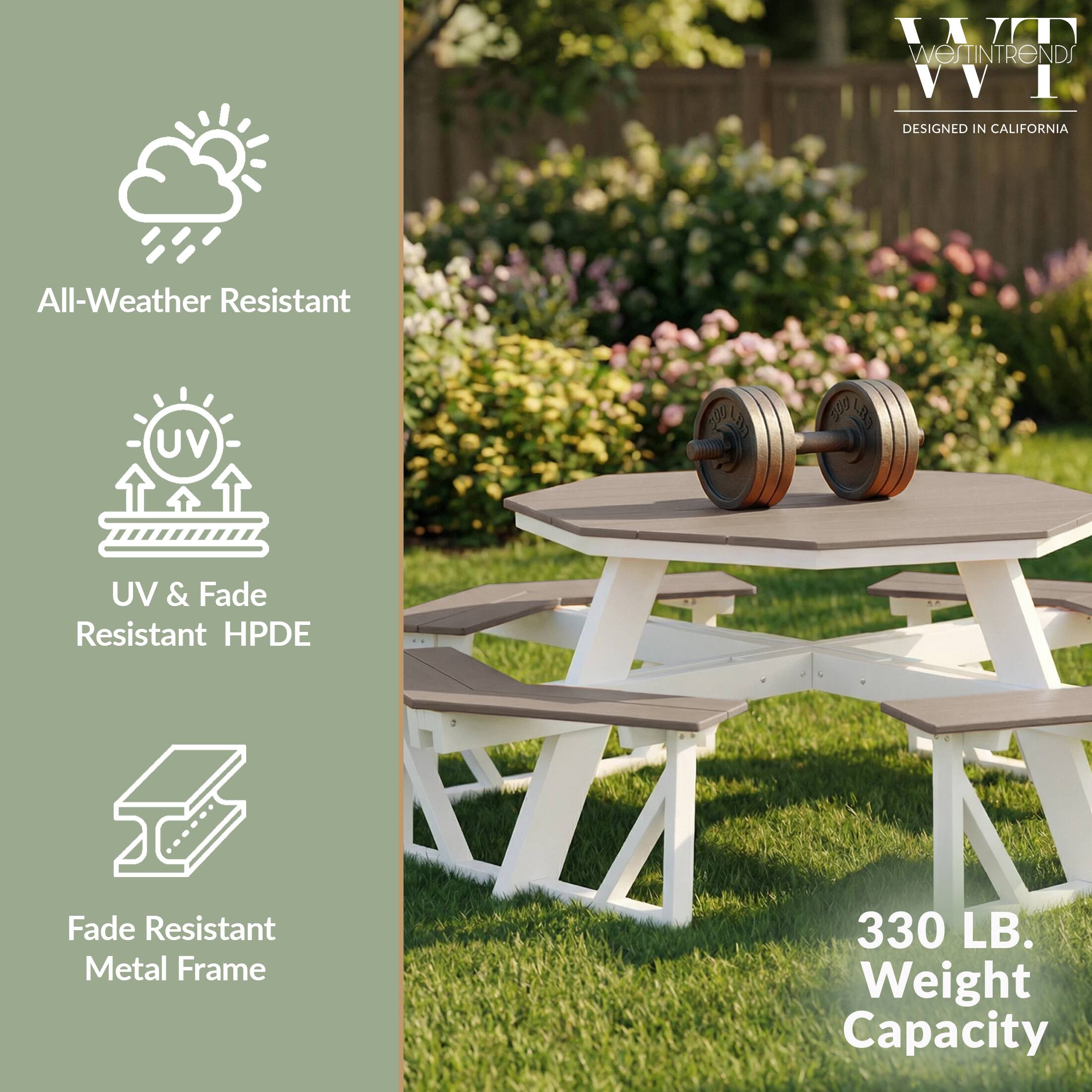 WOTTINTRENDS  
DESIGNED IN CALIFORNIA  

All-Weather Resistant  
UV & Fade Resistant HPDE  
Fade Resistant Metal Frame  
330 LB. Weight Capacity