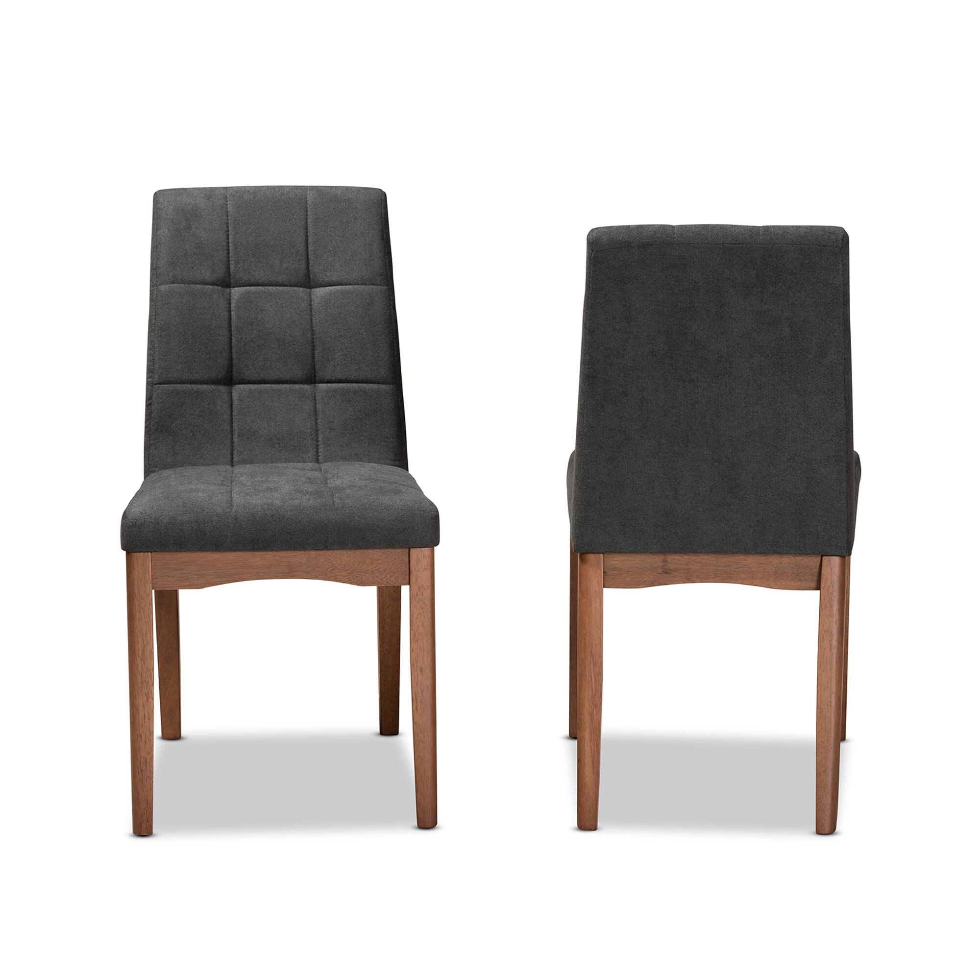 Angle. Baxton Studio - Tara Mid Century Dark Fabric Upholstered and Finished Wood 2-Piece Dining Chair Set - Dark Grey/Walnut Brown.