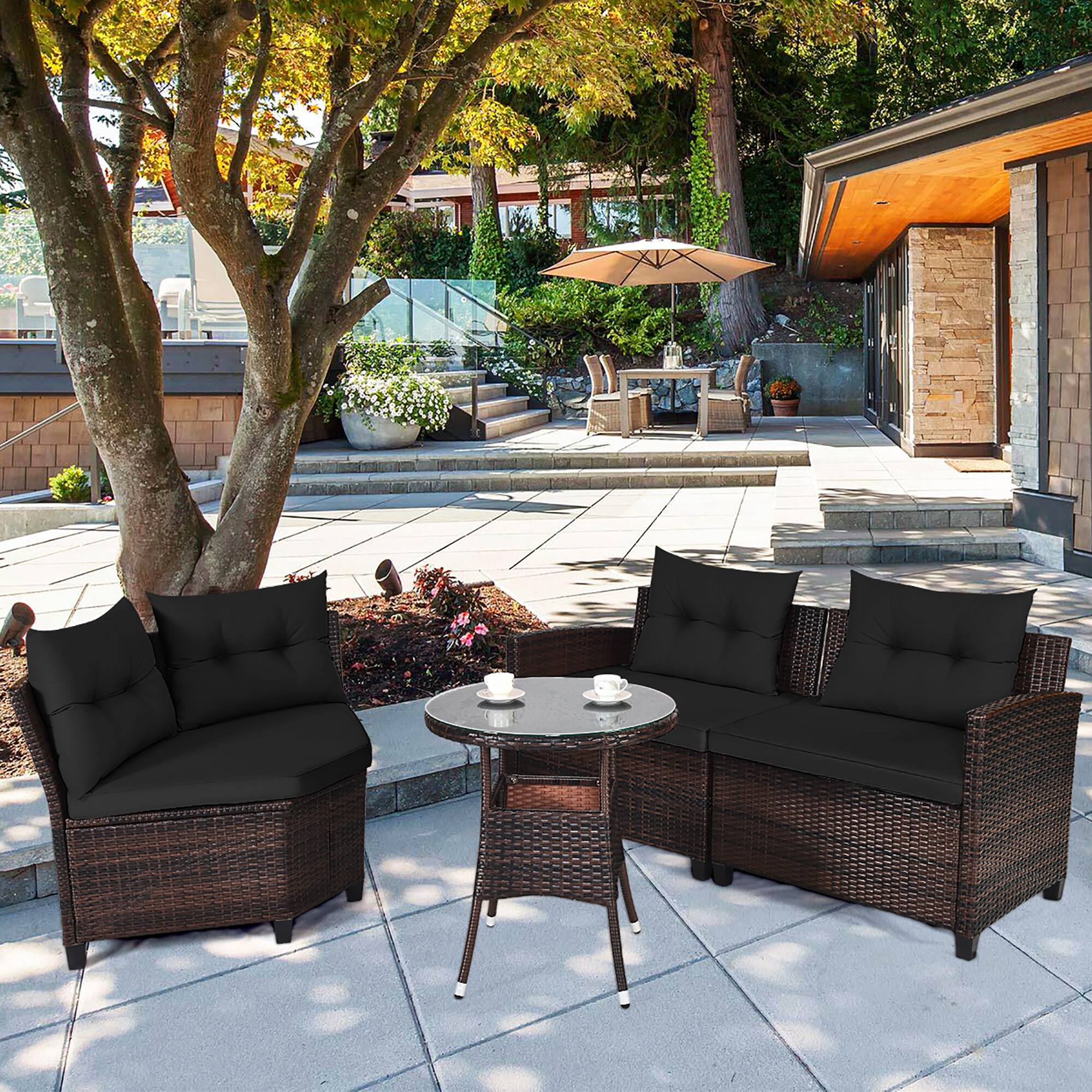 Alt View 1. Costway - 4PCS Outdoor Patio Rattan Furniture Set Cushioned Sofa Table - Dark Brown/Black.