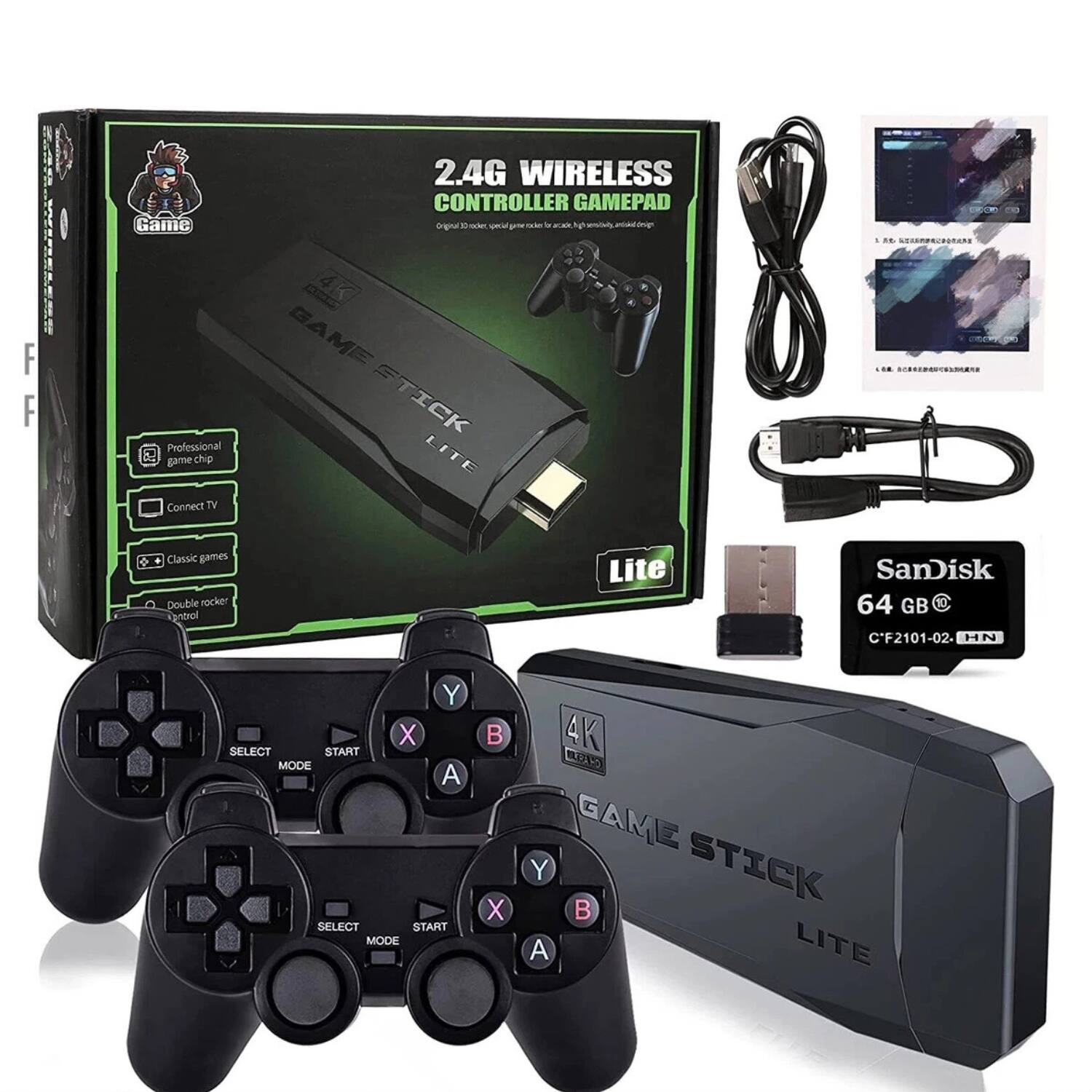 Sure, here is the corrected and grouped text from the image:

---

**2.4G WIRELESS CONTROLLER GAMEPAD**

- Professional game chip
- Connect TV
- Classic games
- Double rocker control

**GAME STICK LITE**

- 4K
- Lite

**SanDisk 64 GB**

- C'F2101-02-HN

**Buttons:**
- SELECT
- MODE
- START
- A
- B
- X
- Y

**Game Stick Lite**

---

This text includes the key features and components mentioned in the image.