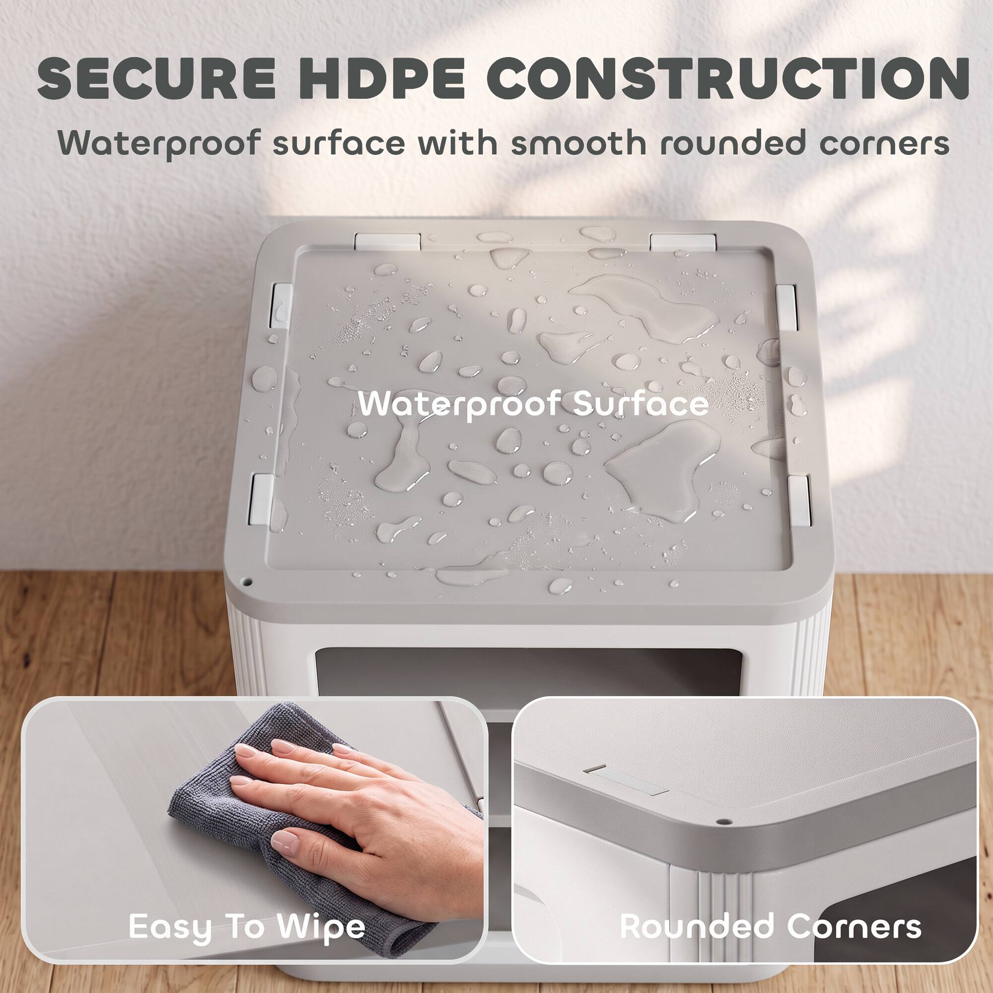 SECURE HDPE CONSTRUCTION  
Waterproof surface with smooth rounded corners

Waterproof Surface  
Easy To Wipe  
Rounded Corners