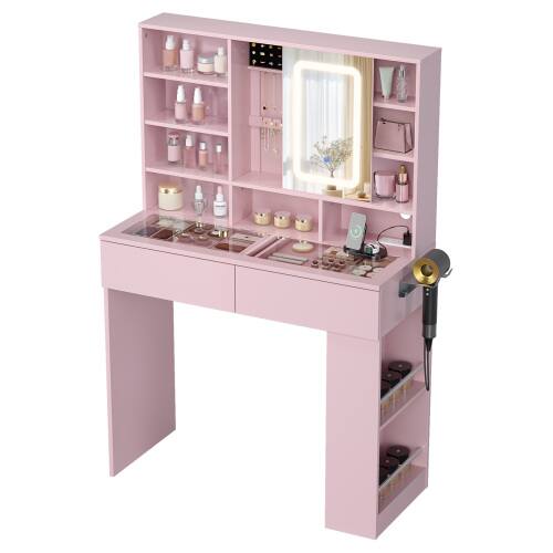 Alt View 1. Winado - Visualized Glass Tabletop Vanity Table with USB Charging Station, LED Lighted Mirror, Side-mounted Hidden Storage Shelve - Pink.