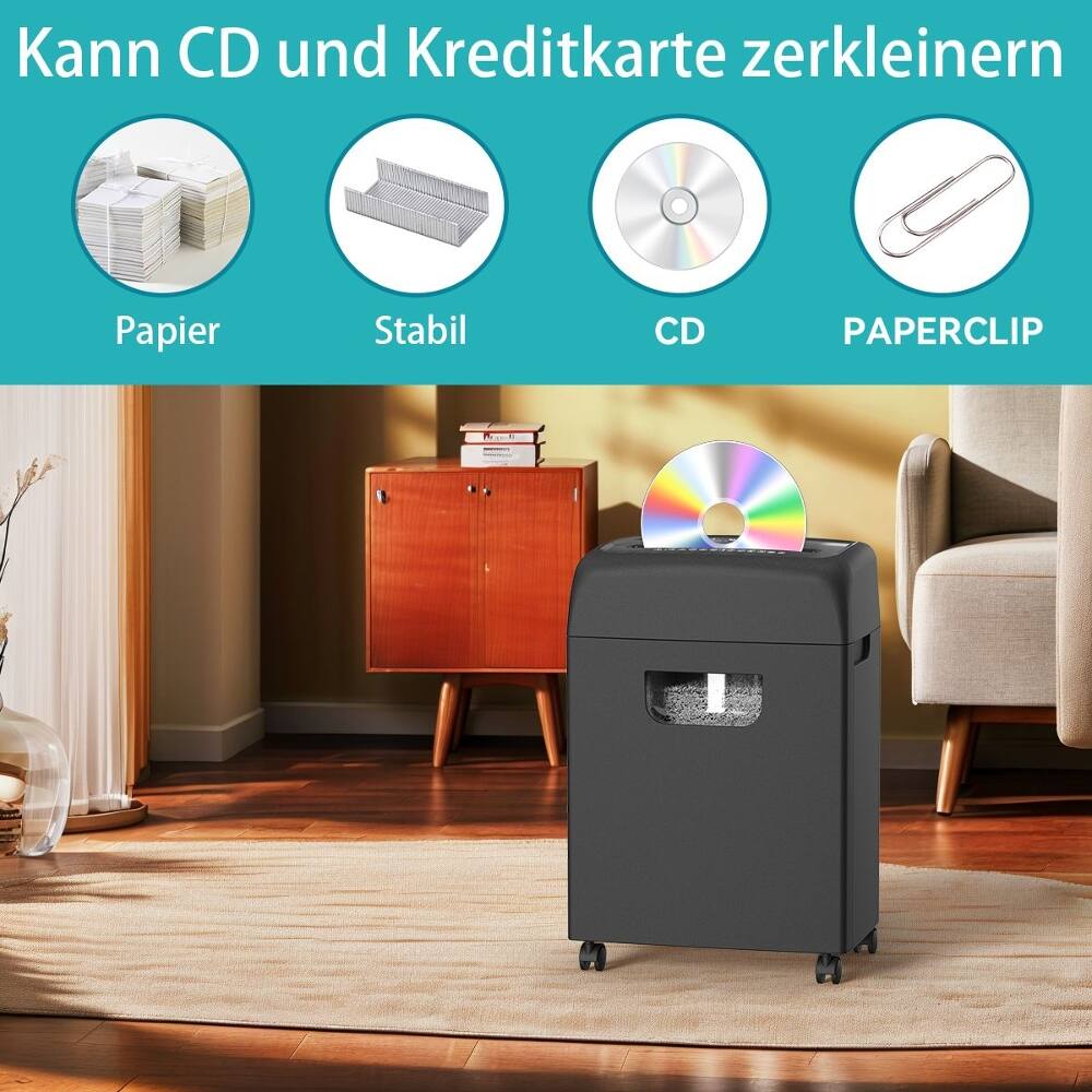 Kann CD und Kreditkarte zerkleinern  
Papier  
Stabil  
CD  
PAPERCLIP