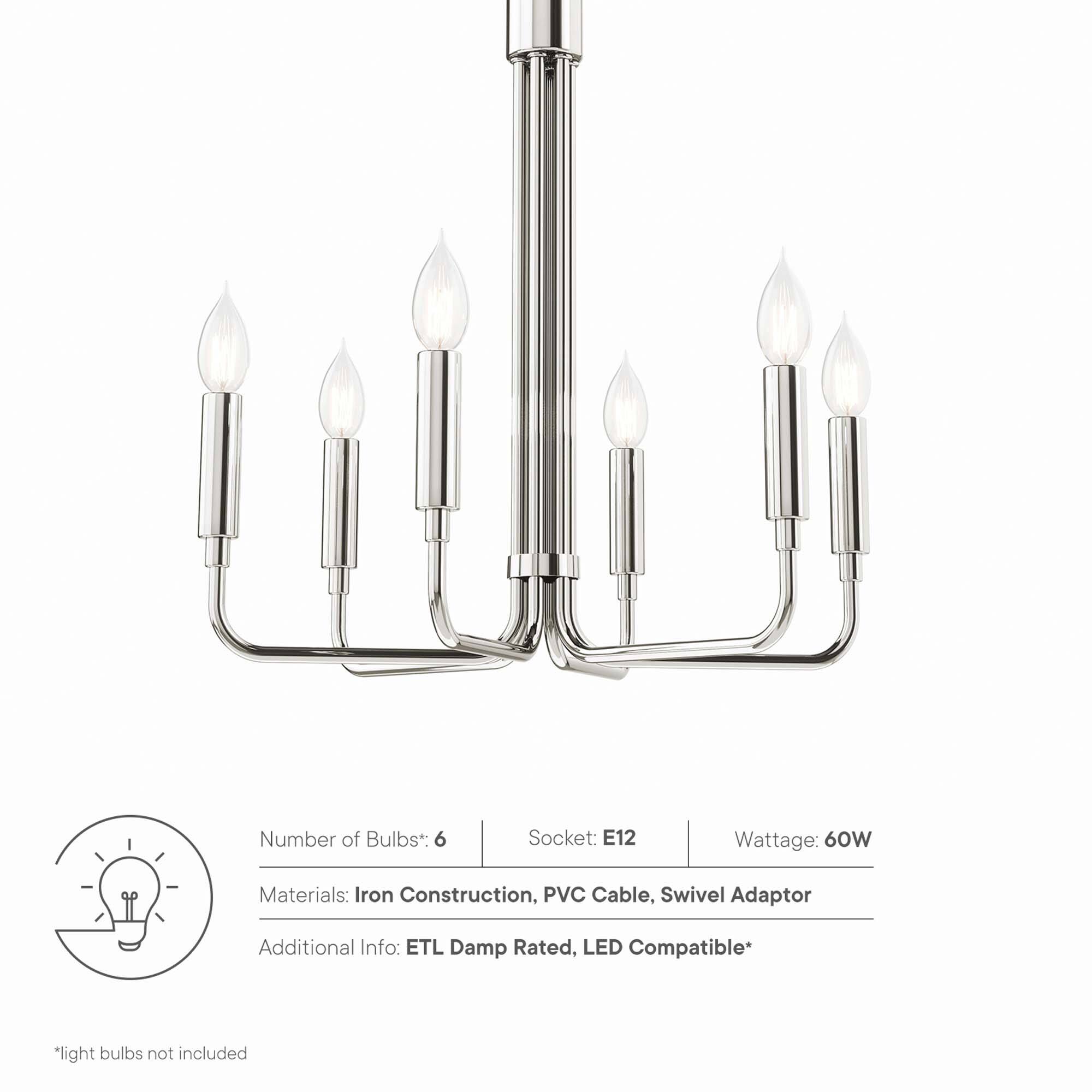 Number of Bulbs*: 6  
Socket: E12  
Wattage: 60W  
Materials: Iron Construction, PVC Cable, Swivel Adaptor  
Additional Info: ETL Damp Rated, LED Compatible*  

*light bulbs not included