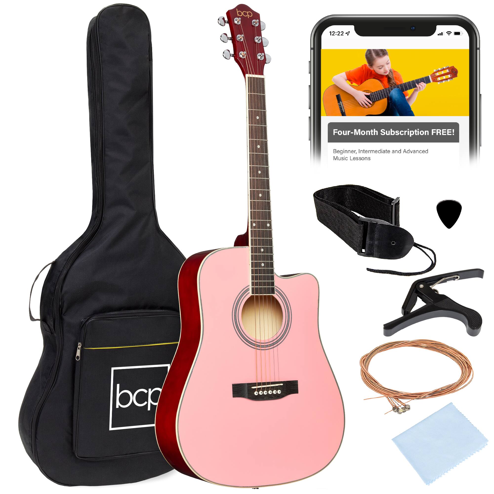 Best Choice Products - 41in Full Size Beginner Acoustic Guitar Set with Case, Strap, Capo, Strings - Pink
