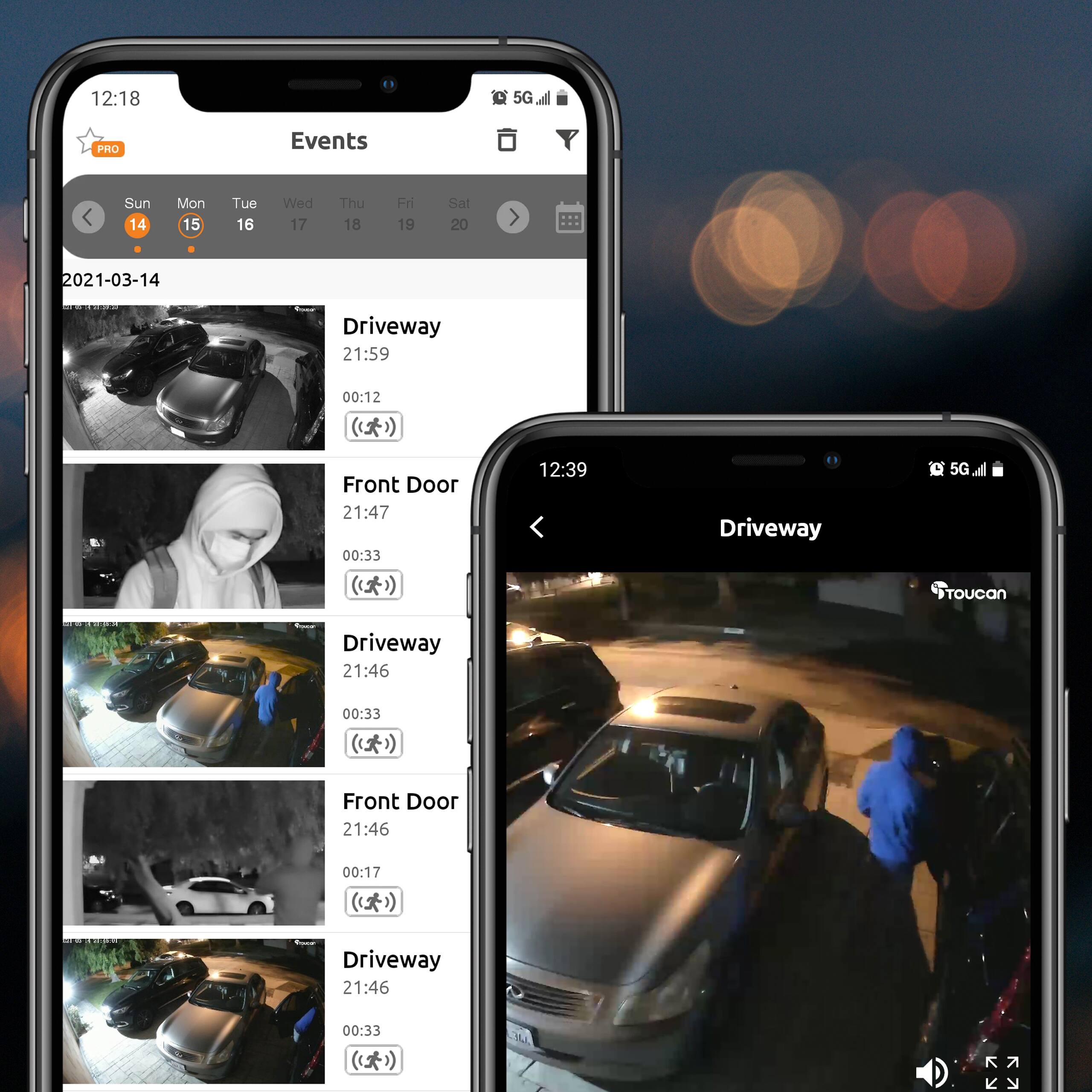Here is the corrected and grouped text:

**Events:**

- **Sun 14:** 
  - 21:59 - Driveway (00:12)
  - 21:47 - Front Door (00:33)

- **Mon 15:** 
  - 21:46 - Driveway (00:33)
  - 21:46 - Front Door (00:17)

- **Tue 16:** 
  - 21:46 - Driveway (00:33)

**Additional Information:**
- 5G PRIORITY
- 12:18
- 2021-03-14