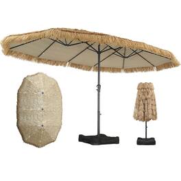 Ainfox - 15FT Tiki Patio Umbrella Outdoor Market Umbrella with Base & Crank for Garden Lawn Backyard Pool - Yellow