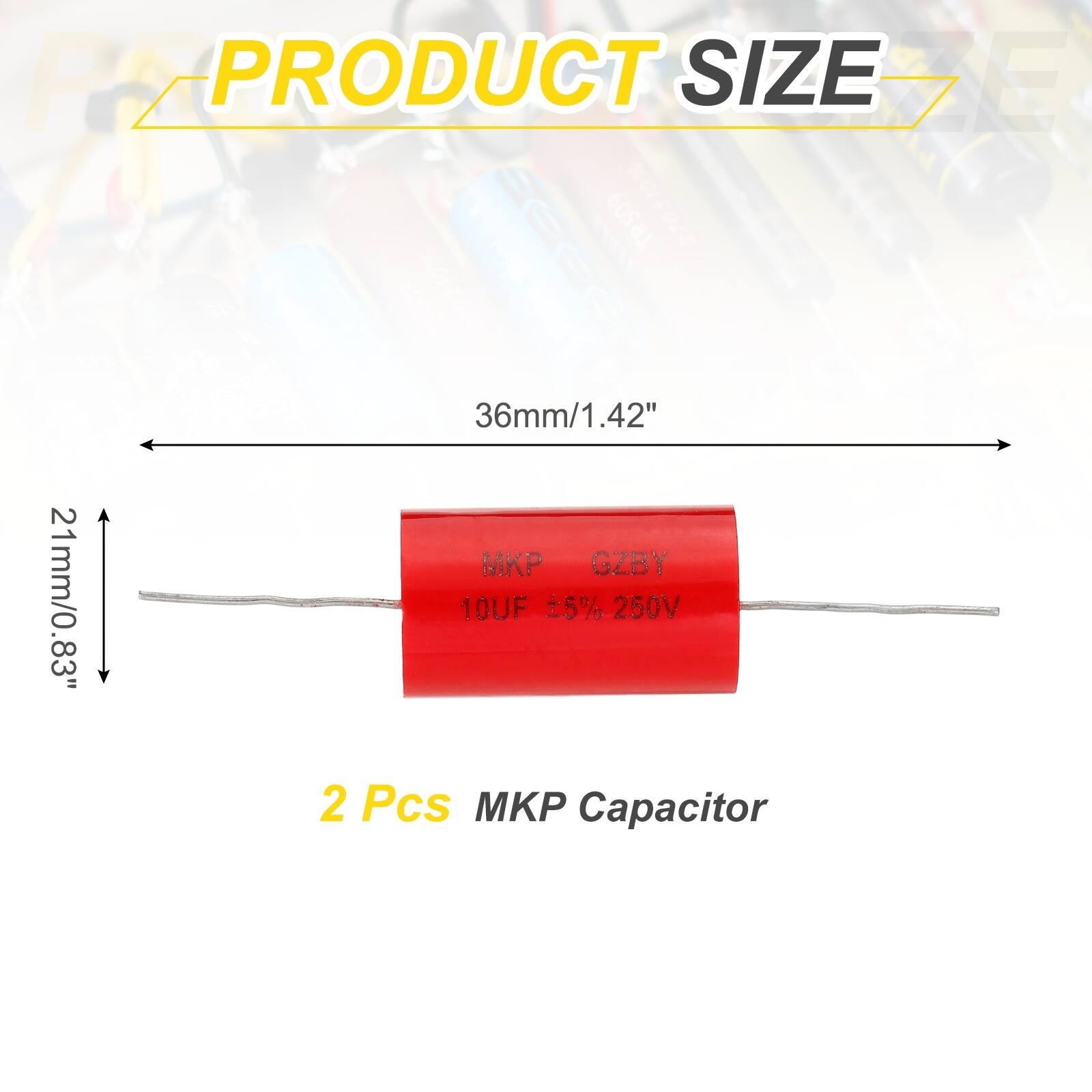 PZ PRODUCT SIZE TR509 2701100 eC 36mm/1.42" MP GZBY 21mm/0.83" 10UF 5% 250V 2 Pcs MP Capacitor