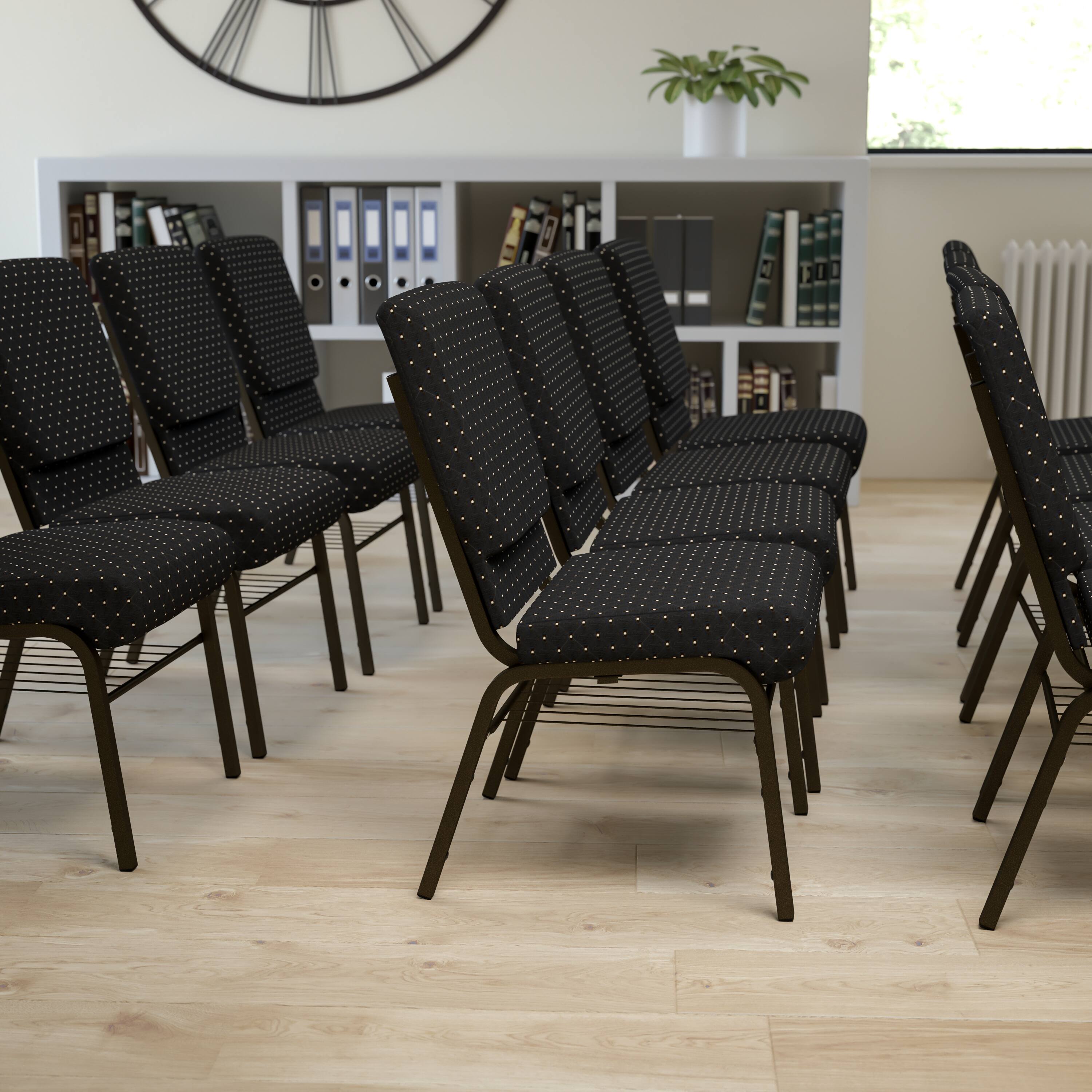 Alt View 1. Emma + Oliver - 18.5"W Church/Reception Guest Chair with Book Rack - Black Dot Patterned Fabric/Gold Vein Frame.
