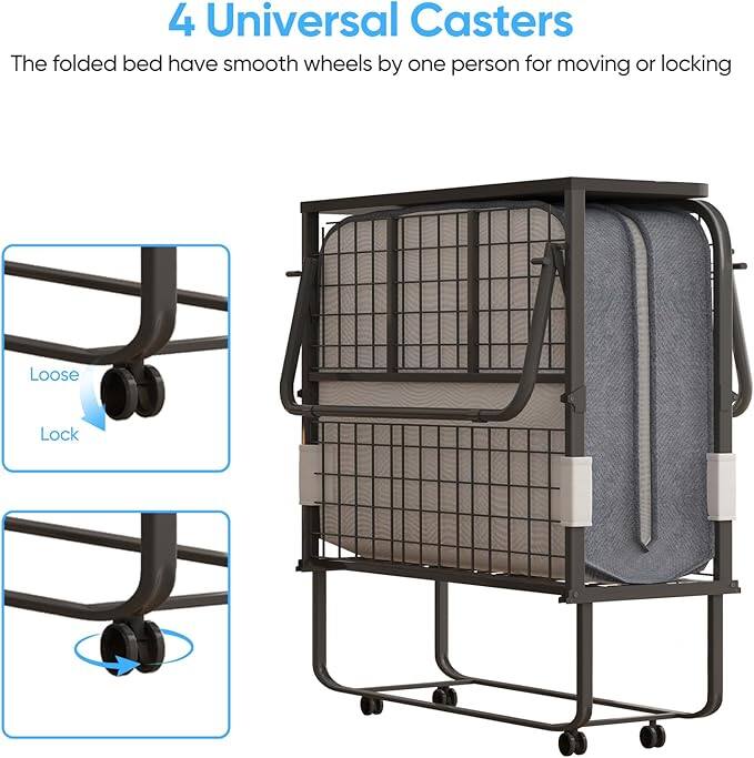 4 Universal Casters

The folded bed has smooth wheels by one person for moving or locking.
