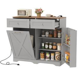 Gymax - Tilt Out Trash Can Cabinet w/ Outlets 2 Drawers Adjustable Shelf Anti-Tipping Kit Gray & Walnut - Gray, Walnut