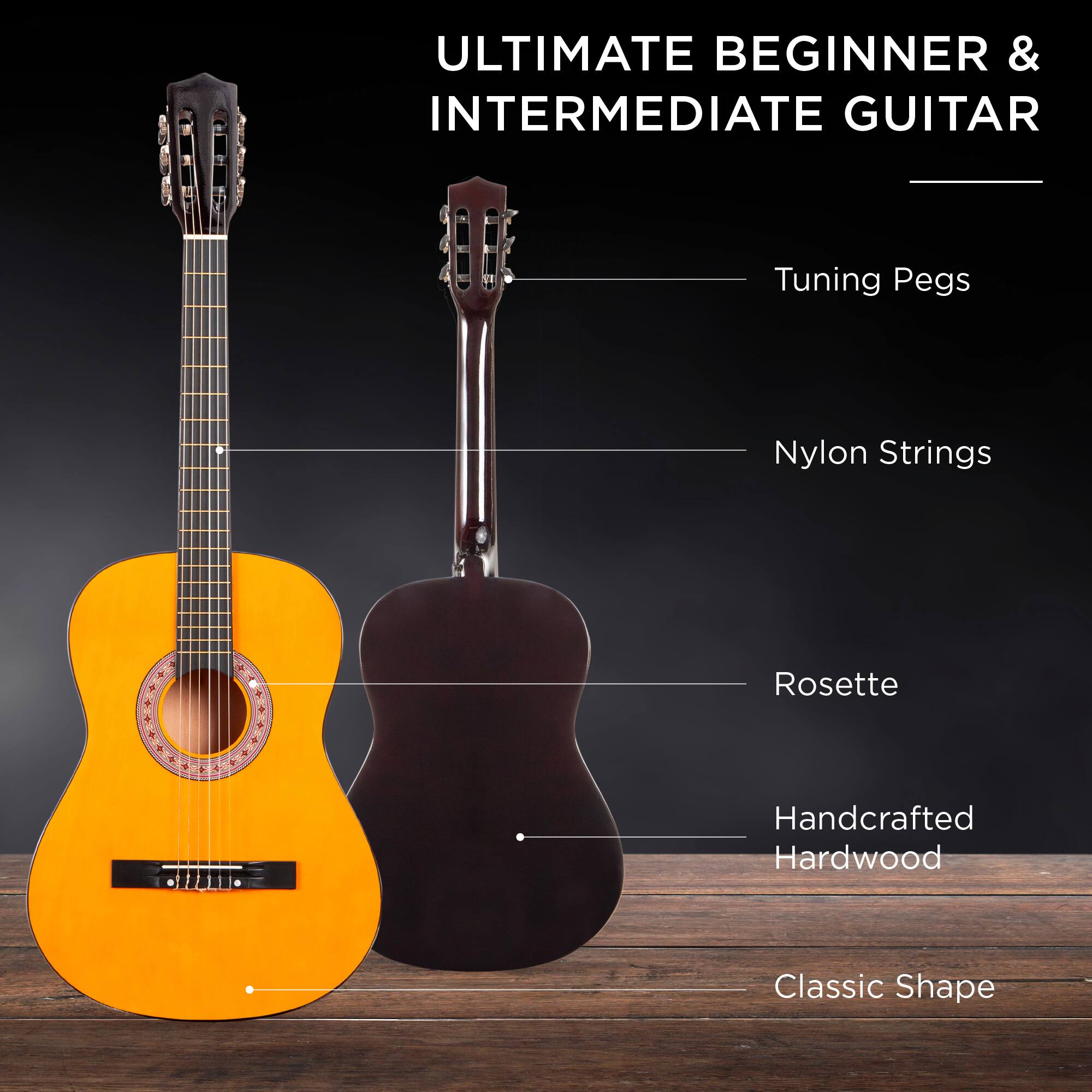 ULTIMATE BEGINNER & INTERMEDIATE GUITAR

- Tuning Pegs
- Nylon Strings
- Rosette
- Handcrafted Hardwood
- Classic Shape
