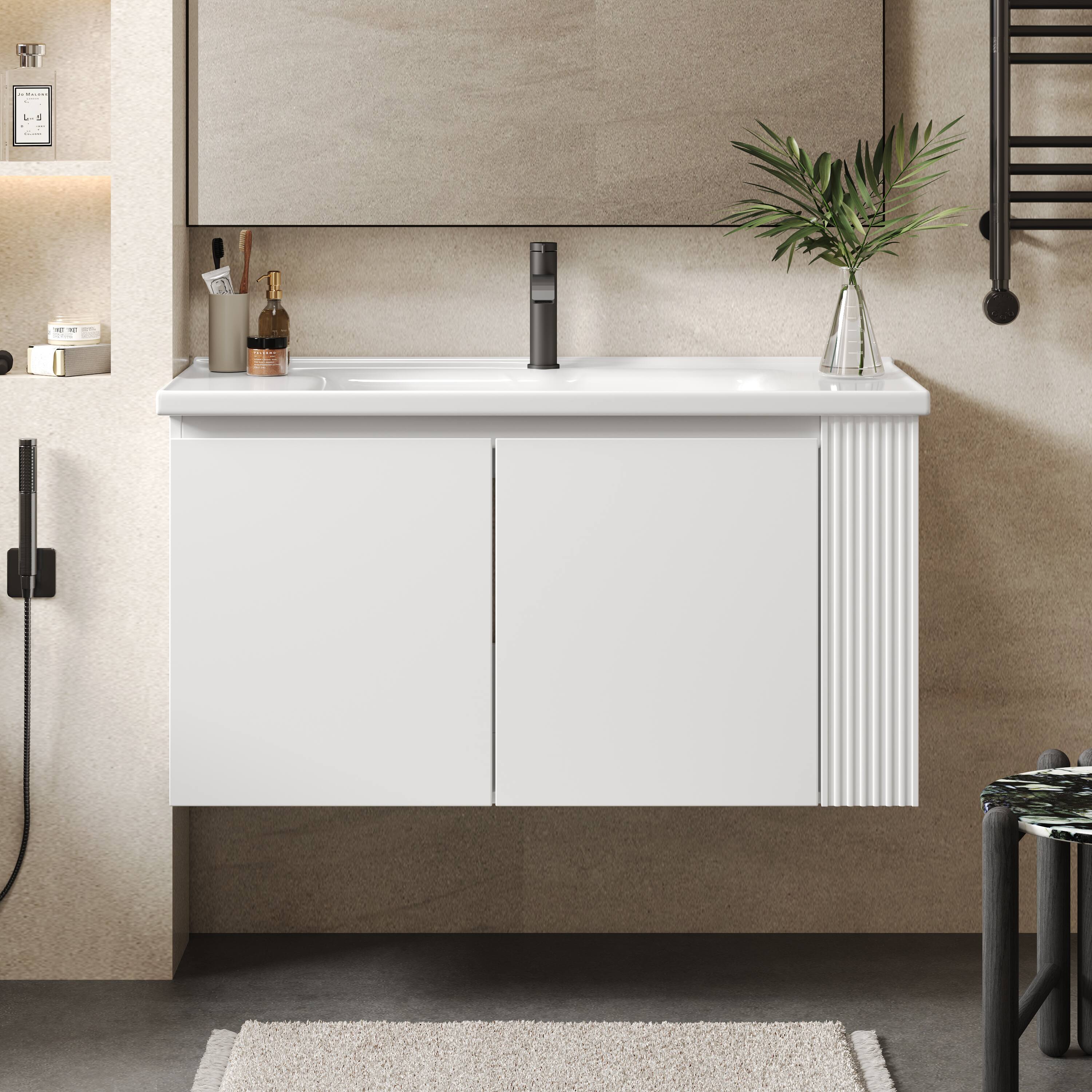 Back. Loheer - 3 ft Wall Mounted Bathroom Vanity with Ceramic Sink, Soft Close Doors and Side Shelves - White.