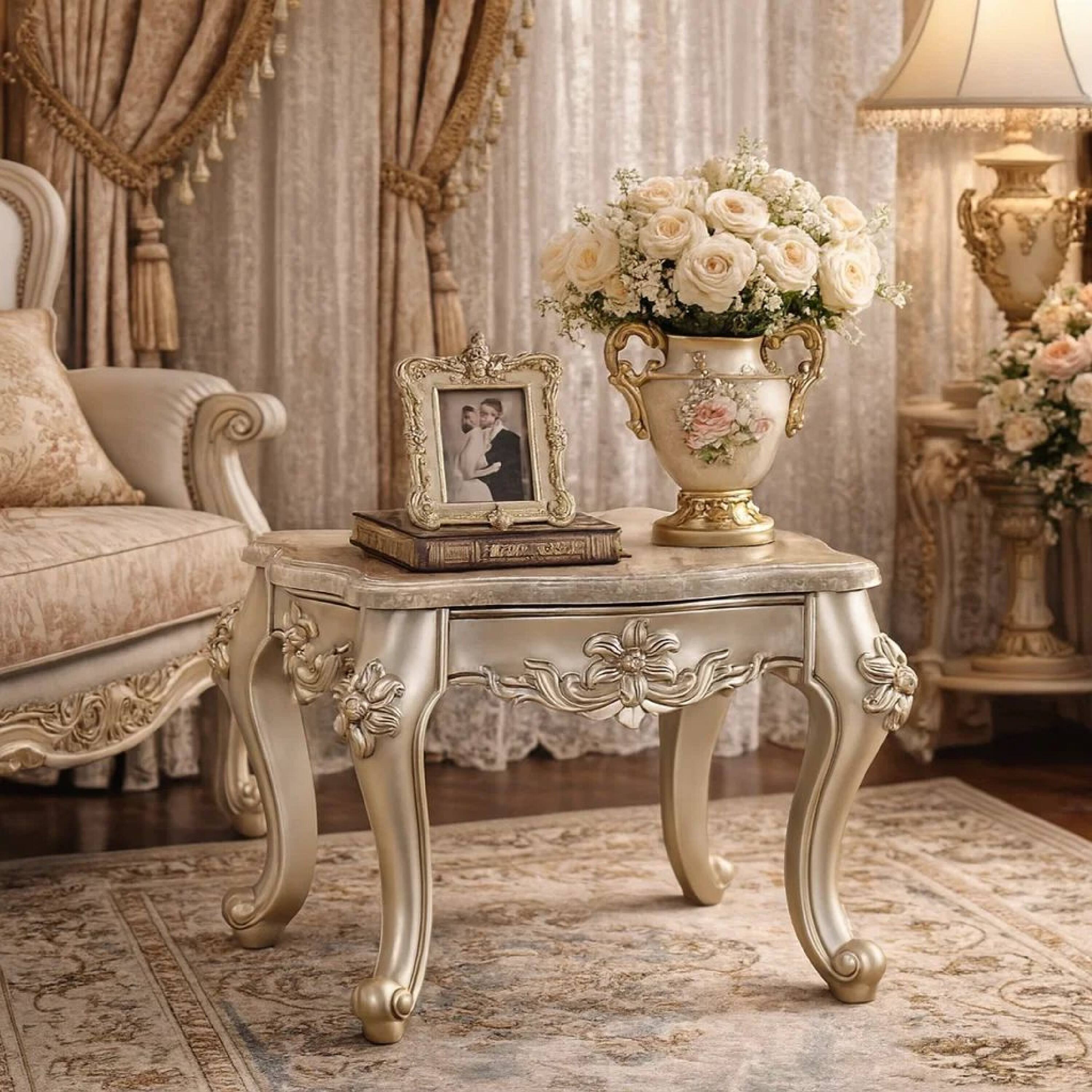 Alt View 6. Manhattan Lane - Marble Top End Table With Flower Motif Engraved Angular Wood Feet - Silver.