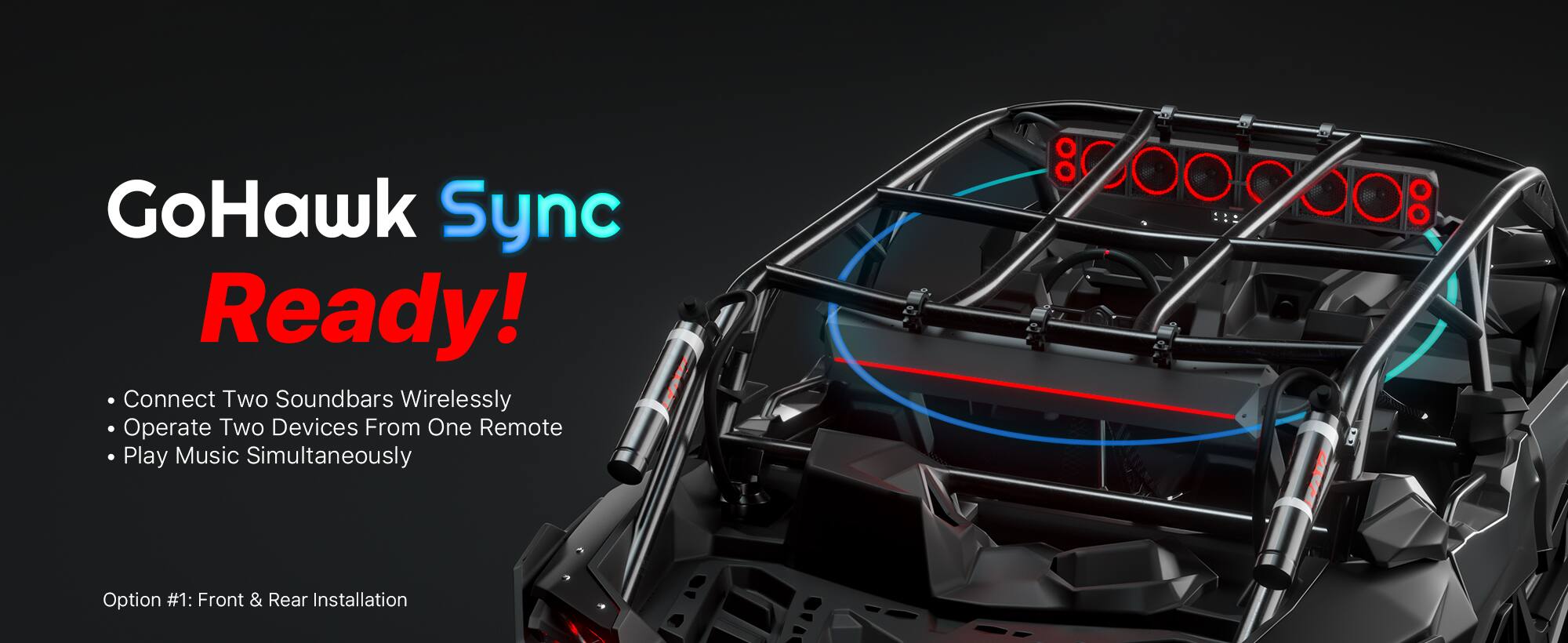 GoHawk Sync Ready!  
Connect Two Soundbars Wirelessly  
Operate Two Devices From One Remote  
Play Music Simultaneously  

Option #1: Front & Rear Installation
