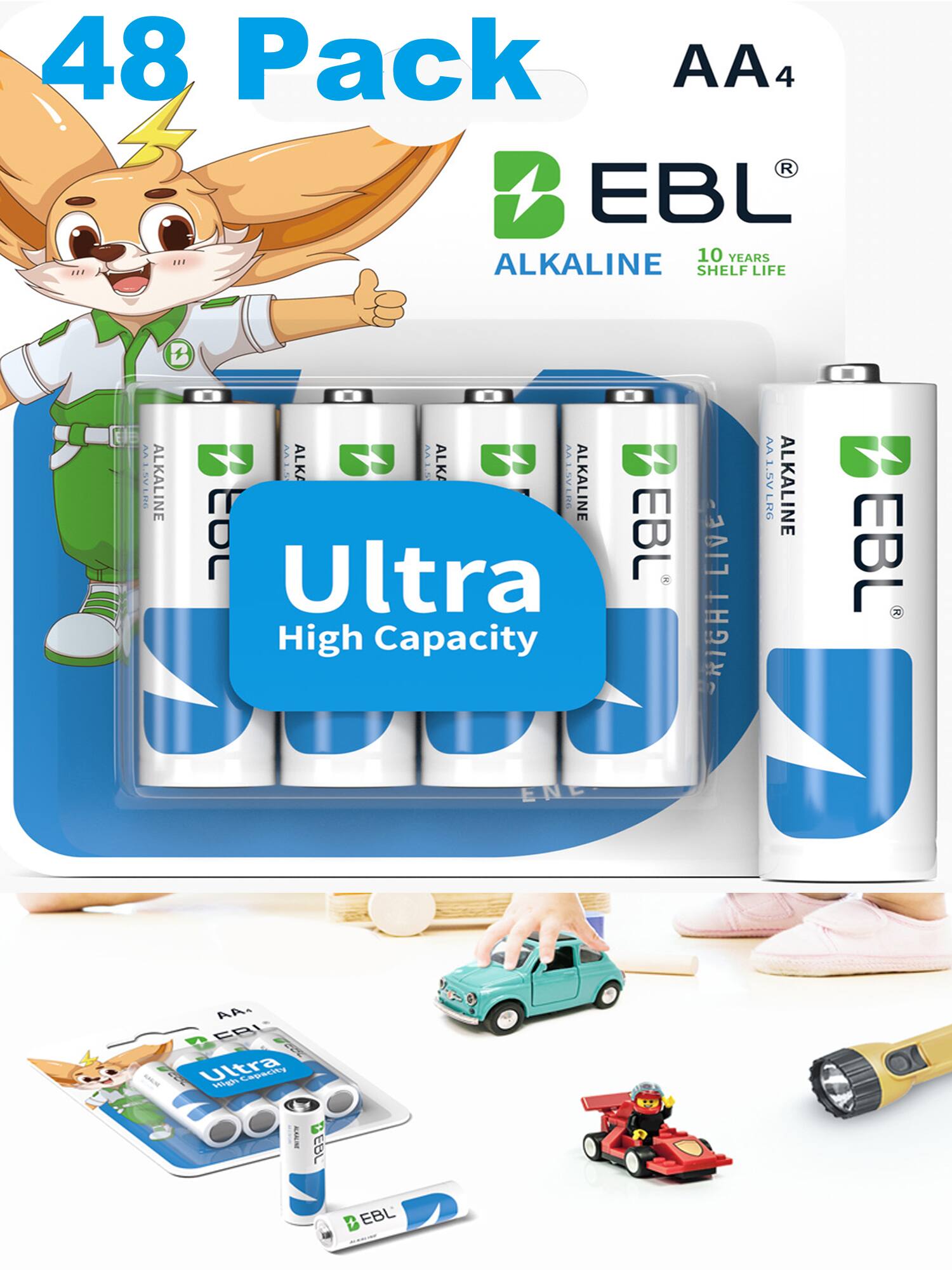 48 Pack AA 4  
EBL Alkaline  
10 Years Shelf Life  
Ultra High Capacity  
AA 1.5V Alkaline  
EBL