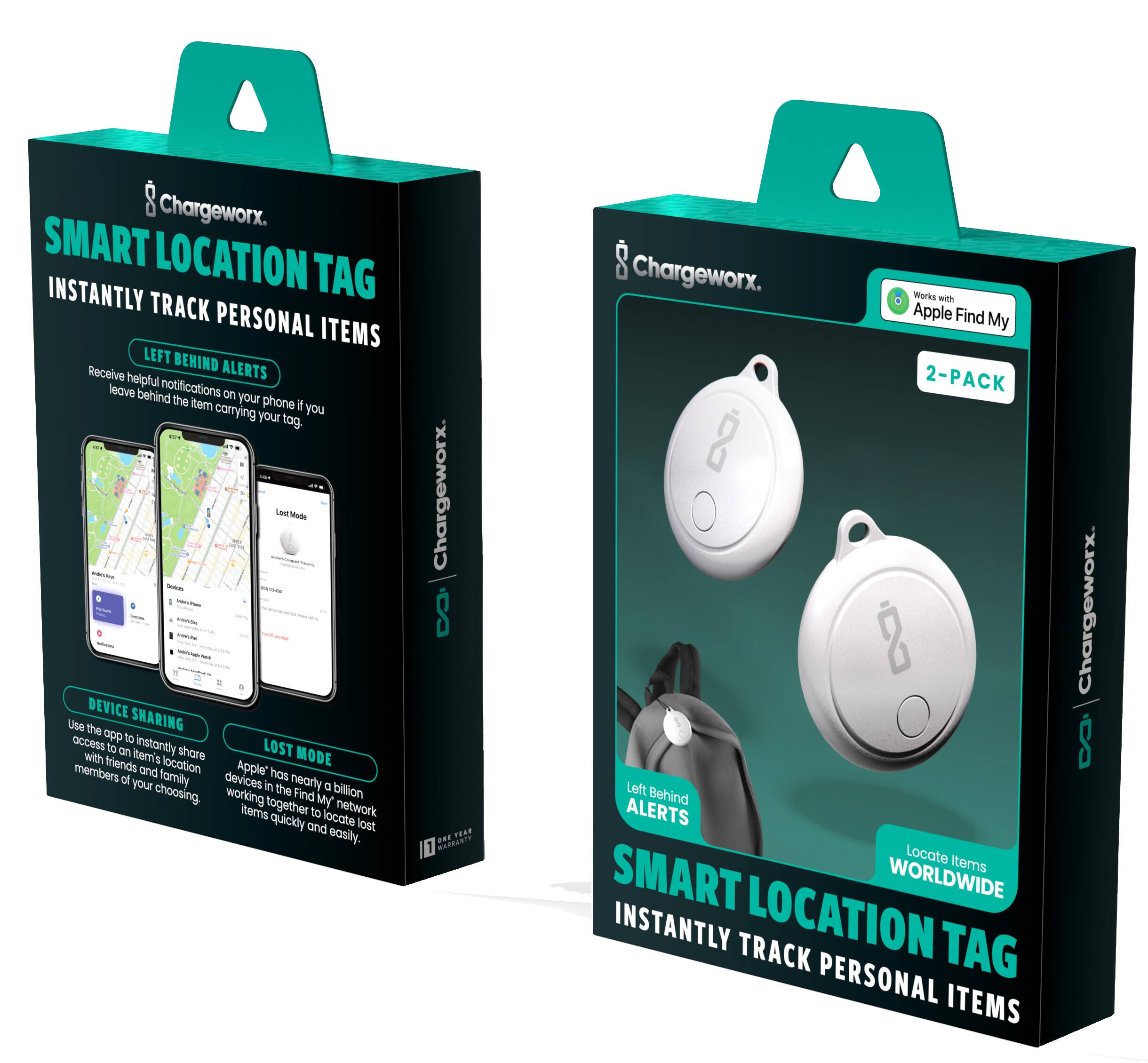 Chargeworx. SMART LOCATION TAG INSTANTLY TRACK PERSONAL ITEMS
- LEFT BEHIND ALERTS: Receive helpful notifications on your phone if you leave behind the item you're carrying your tag.
- DEVICE SHARING: Use the app to instantly share an item's location with friends, family, and members of your choosing.
- LOST MODE: Apple's Find My network of nearly a billion devices working together to locate your items quickly and easily.
- Works with Apple Find My
- 2-PACK
Chargeworx. SMART LOCATION TAG INSTANTLY TRACK PERSONAL ITEMS WORLDWIDE