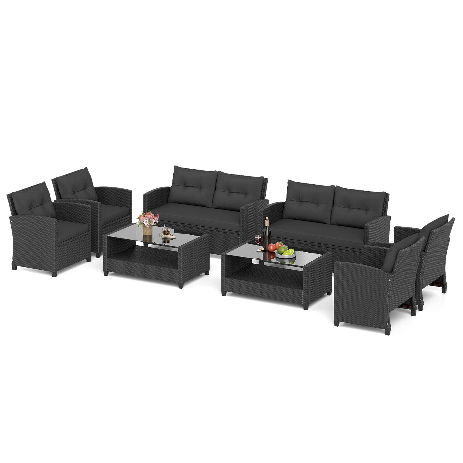 Alt View 1. Costway - Costway 8PCS Outdoor Rattan Furniture Set Cushioned Sofa Armrest Table with Lower Shelf - Mix Black+Black.