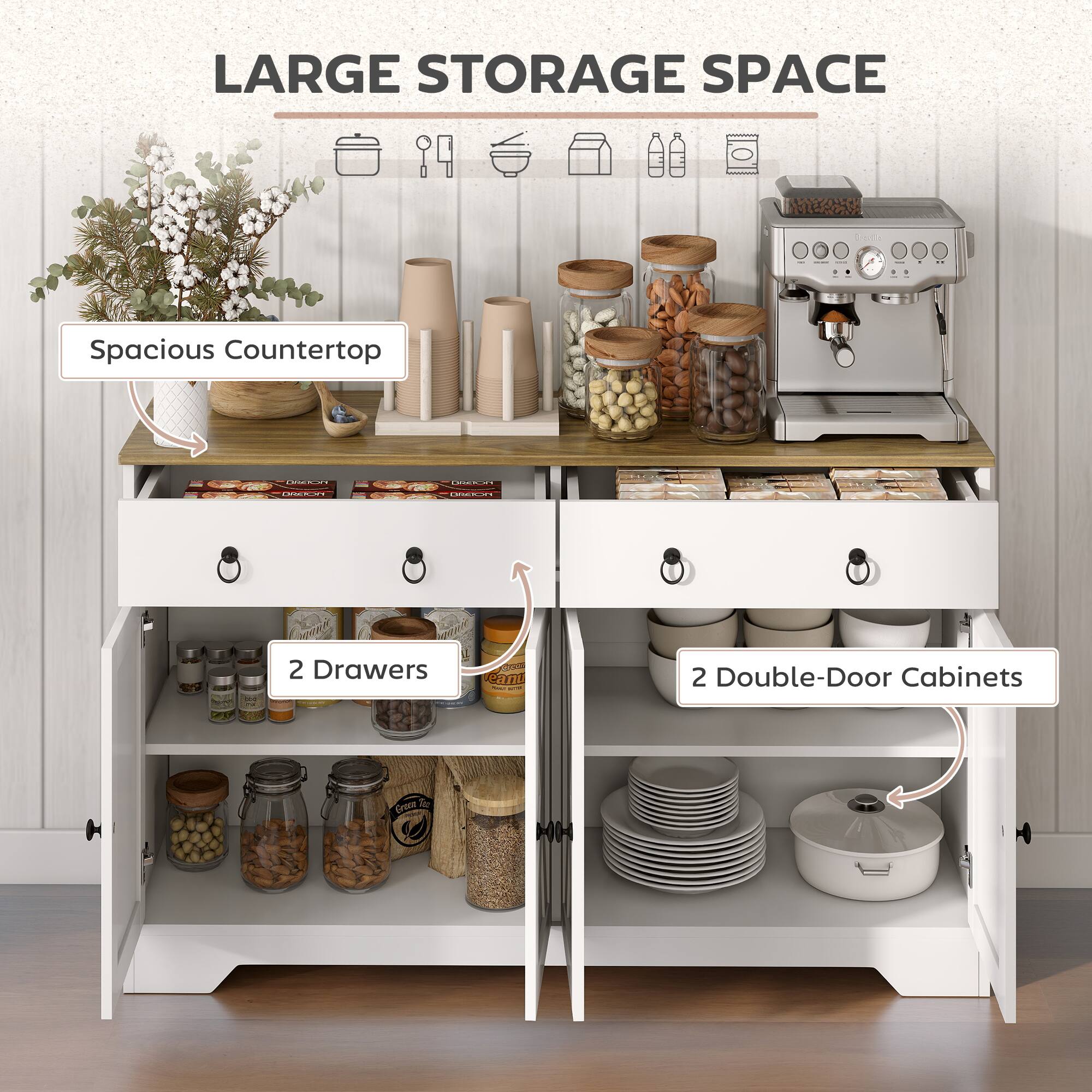LARGE STORAGE SPACE

- Spacious Countertop
- 2 Drawers
- 2 Double-Door Cabinets