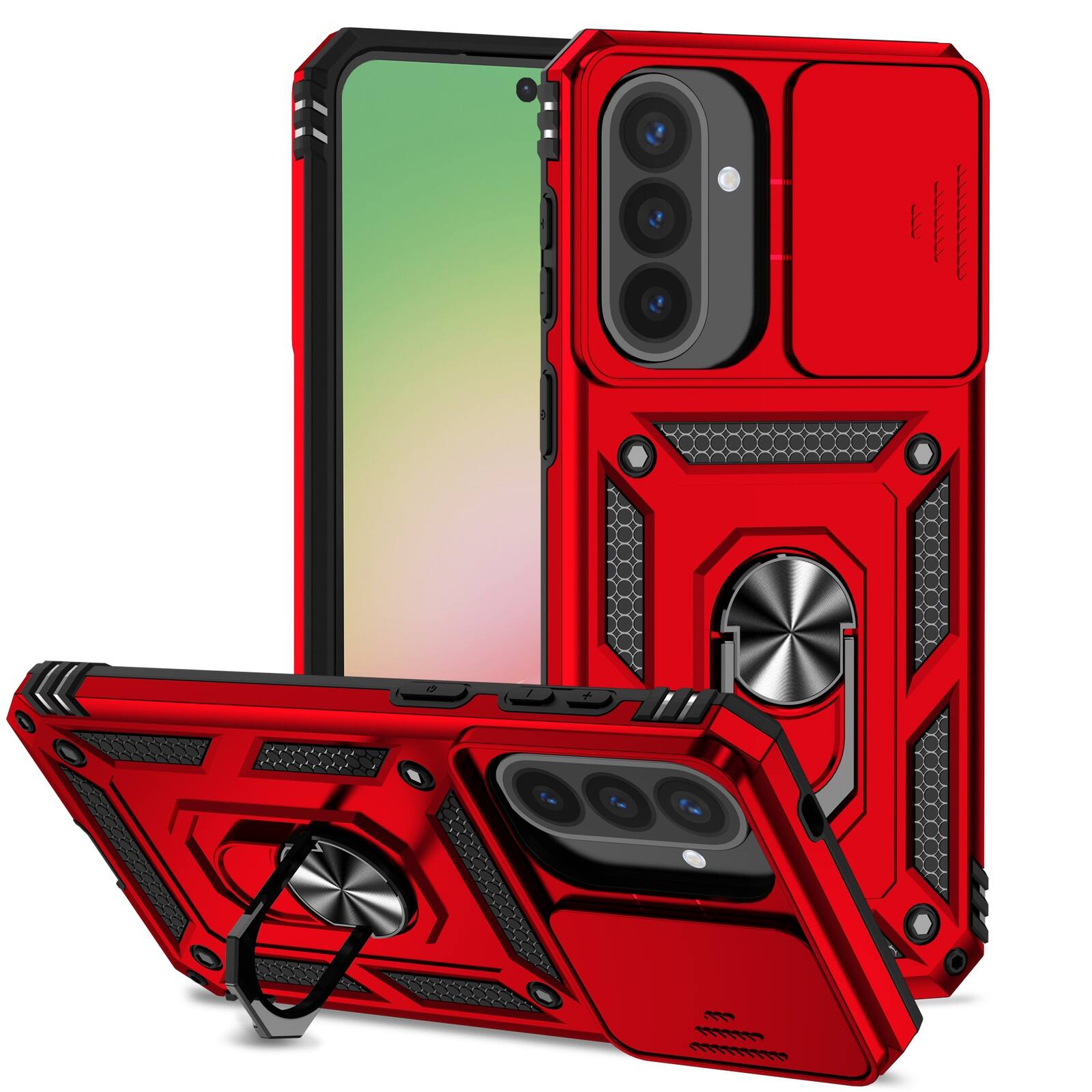 Left. UUCOVER - Rugged Protective Case for Samsung Galaxy A17 5G ,Shockproof TPU+PC Case Slide Camera Cover Ring Holder Stand Cover - Red.