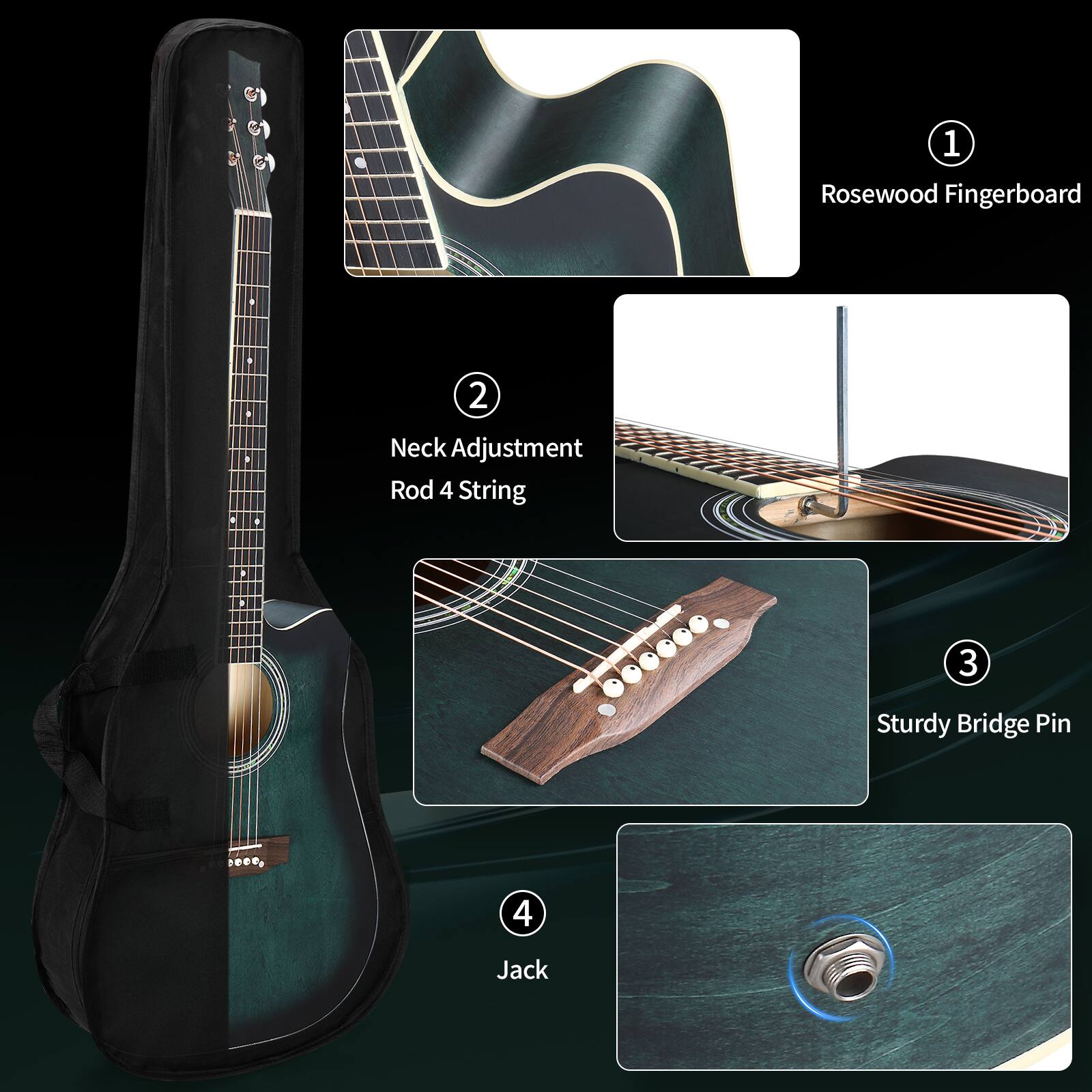 1. Rosewood Fingerboard  
2. Neck Adjustment Rod 4 String  
3. Sturdy Bridge Pin  
4. Jack