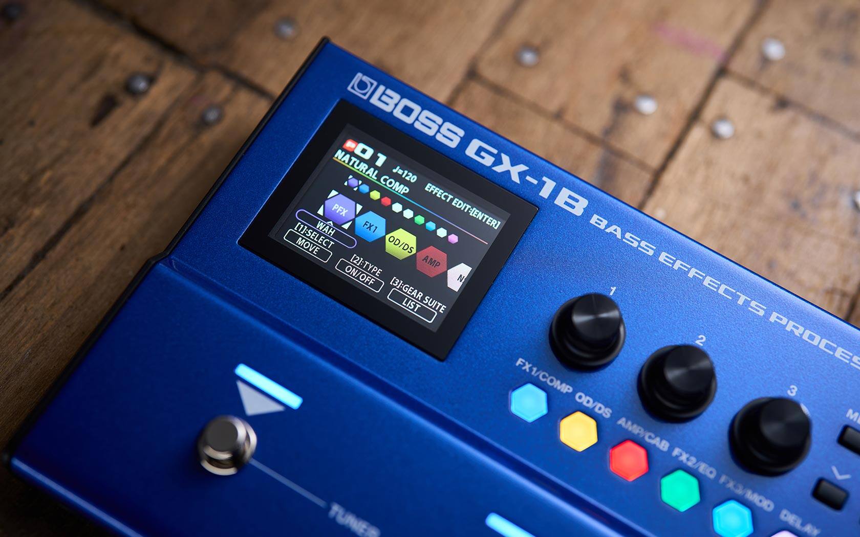 BOSS NATURAL J=120 GX-1B COMP EFFECT PFX EDIT: [ENTER] HAW FX1 [1]: SELECT MOVE OD/DS BASS [2]: TYPE AMP ON/OFF N EFFECTS [3]: GEAR 1 LIST SUITE 2 PROCES FX1/COMP 3 OD/DS M AMP/CAB FX2/EQ > FX3/MOD TUNE DELAY