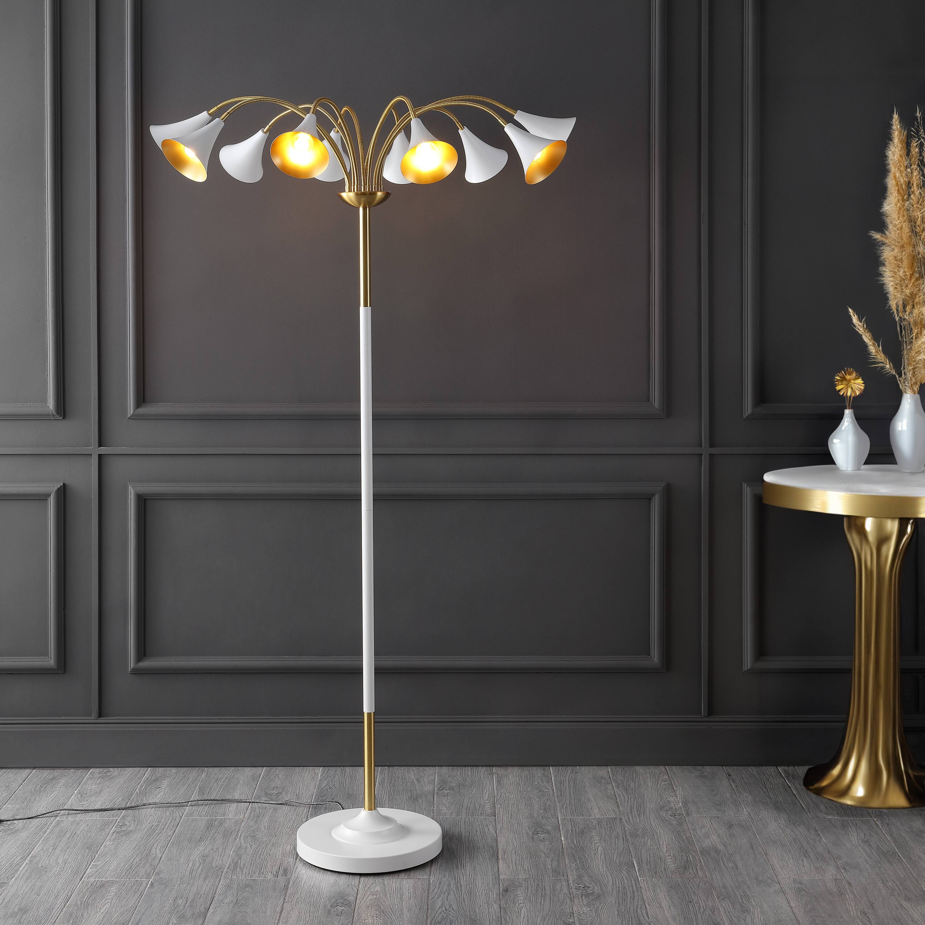 Alt View 1. Jonathan Y - Vivian 61" 10-Light Mid-Century Modern Iron Medusa Multi Head LED Floor Lamp, White/Brass Gold - Brass Gold/White.