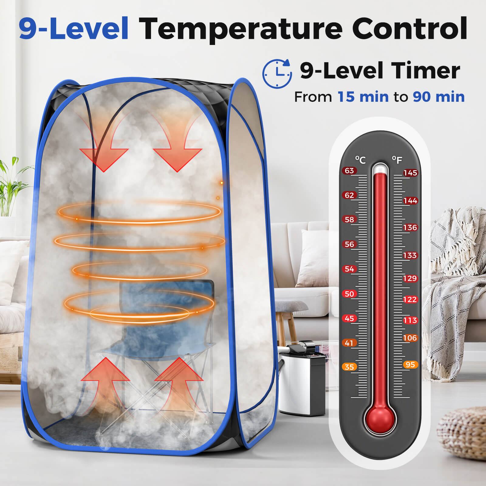 The image features a 9-level temperature control device with a 9-level timer. The timer can be set from 15 minutes to 90 minutes, and the temperature control device has a range of 63°F to 145°F. The device is designed to provide precise temperature control and timer settings for various needs, such as cooking, baking, or heating. The image also shows a couch in the background, indicating that the device may be used in a living space.