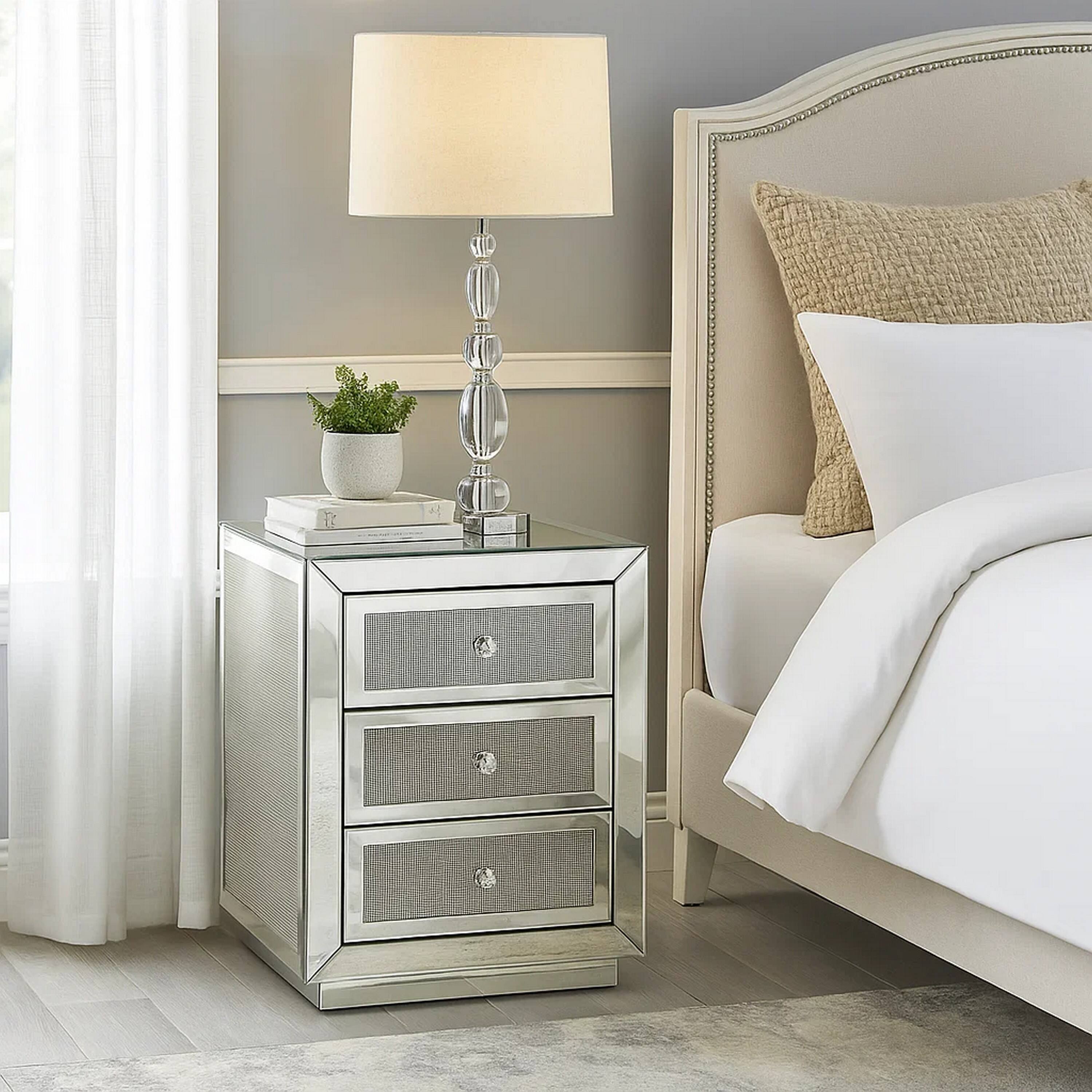 Alt View 6. Manhattan Lane - 3 Drawer Mirrored Accent Table with Faux Diamond Inlay - Silver.