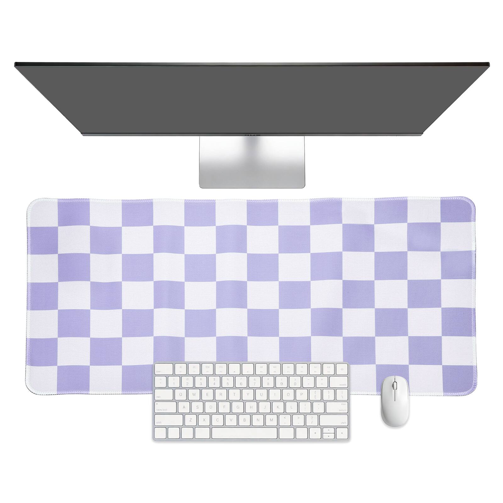 Unique Bargains - Checkered Desk Mat, 23.6x11.8 Inch Mouse Pad, Non-Slip Rubber, Stitched Edges, Soft, for Computer/Laptop - Purple/White