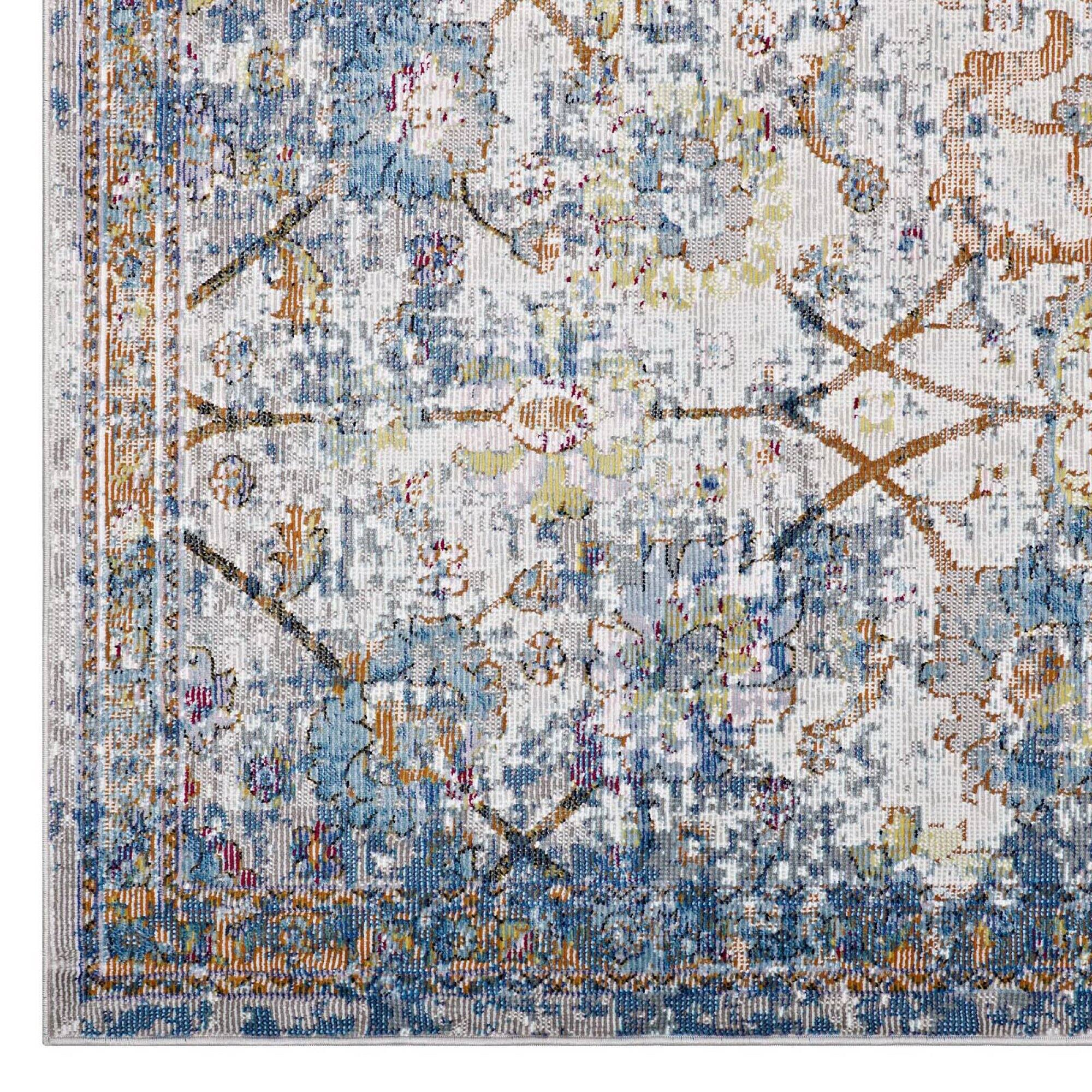 Alt View 1. Modway - Minu Distressed Floral Lattice Area Rug - Light Blue Yellow and Orange.