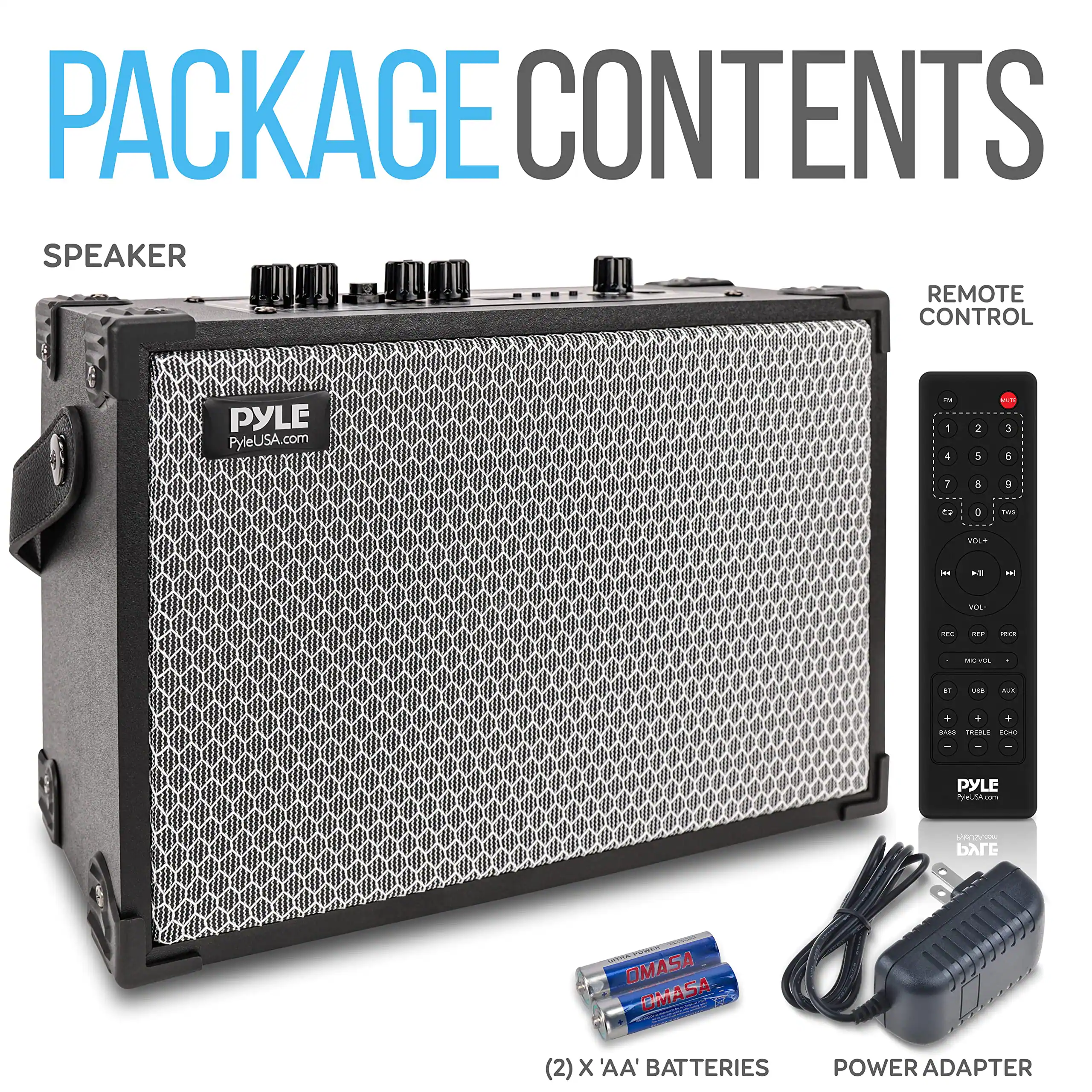 PACKAGE CONTENTS

- SPEAKER
- REMOTE CONTROL
- PYLEUSA.com
- (2) X 'AA' BATTERIES
- POWER ADAPTER