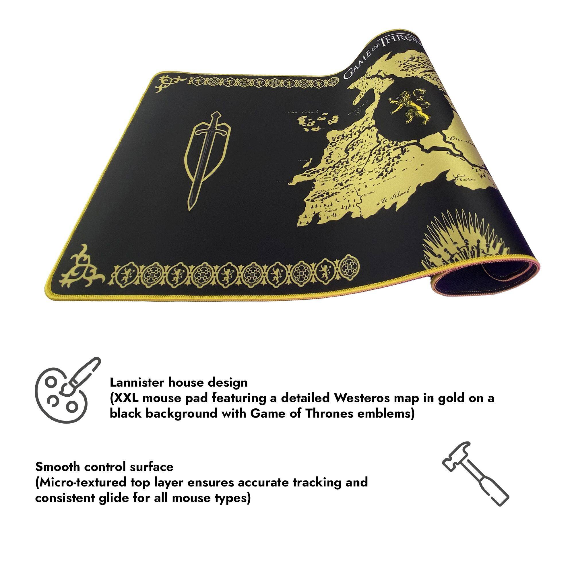 Lannister house design (XXL mouse pad featuring a detailed Westeros map in gold on a black background with Game of Thrones emblems) Smooth control surface (Micro-textured top layer ensures accurate tracking and consistent glide for all mouse types)