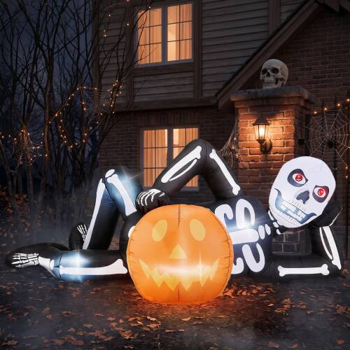 Alt View 10. Winado - 7FT Halloween Inflatable Wacky Lying Skeleton with Lights, Pumpkin for Indoor Outdoor Holiday Garden Party Decoration - White & Black.