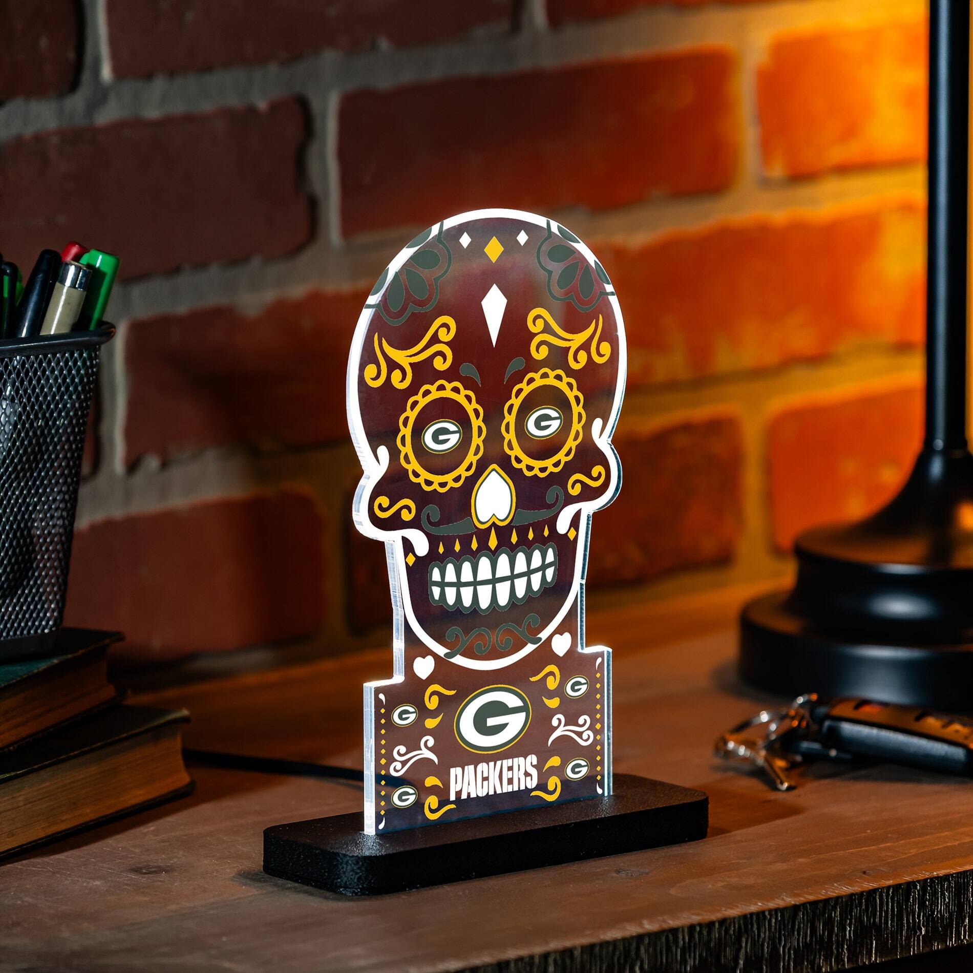 Alt View 1. Evergreen Enterprises - Green Bay Packers 10" LED Tabletop Sugar Skull Halloween Desklite Sign - Multicolor.