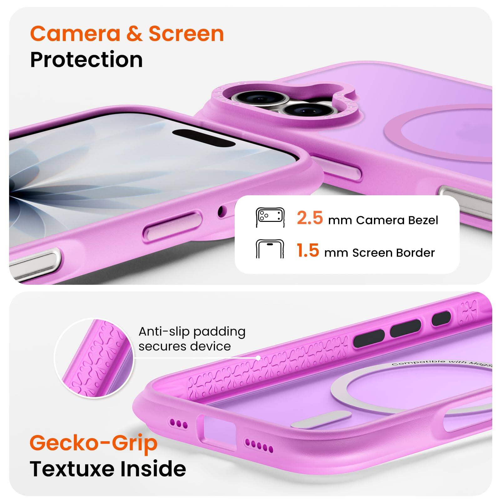 Camera & Screen Protection

2.5 mm Camera Bezel  
1.5 mm Screen Border

Anti-slip padding secures device

Gecko-Grip Textuxe Inside