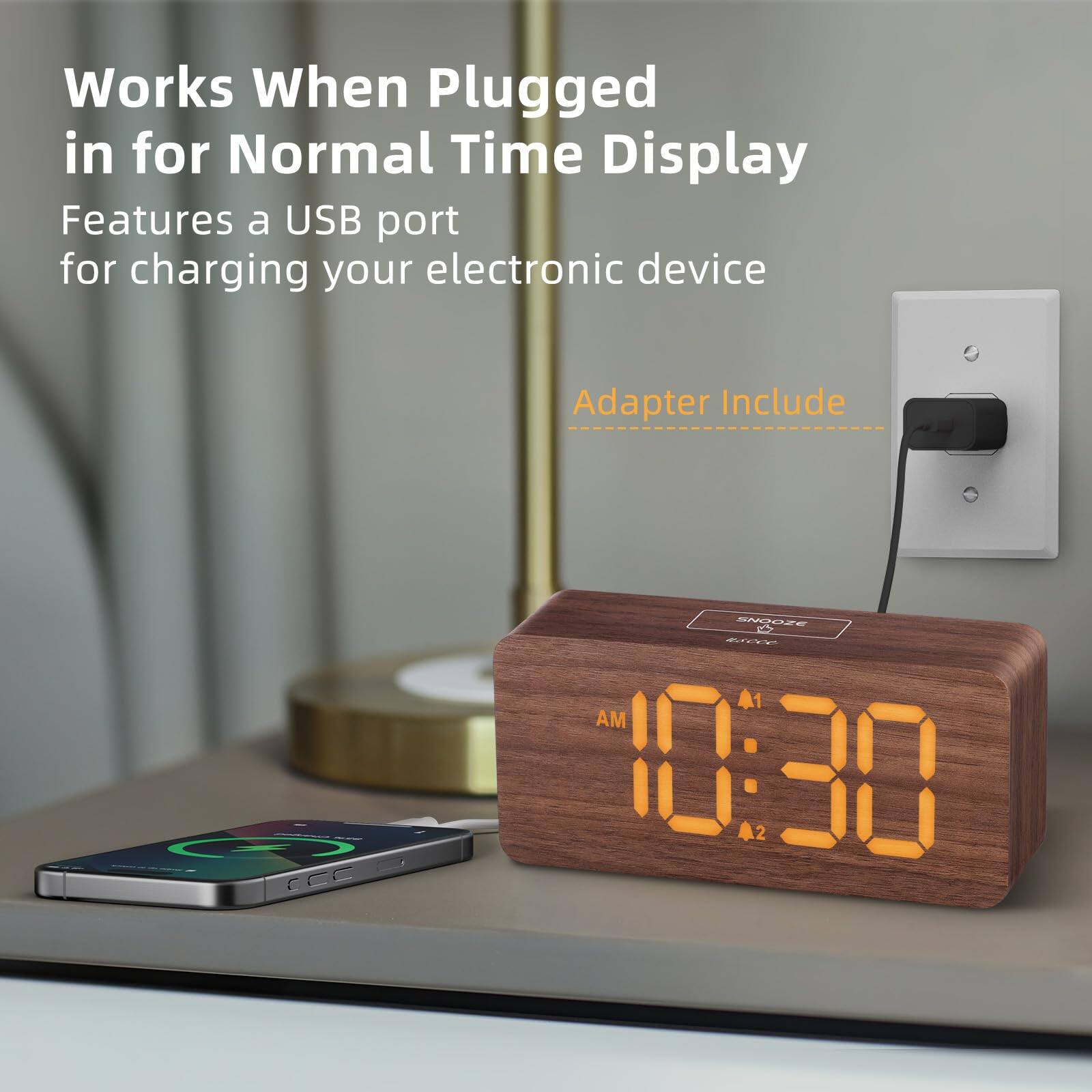 Works When Plugged in for Normal Time Display  
Features a USB port for charging your electronic device  
Adapter Include...  
10:30 AM