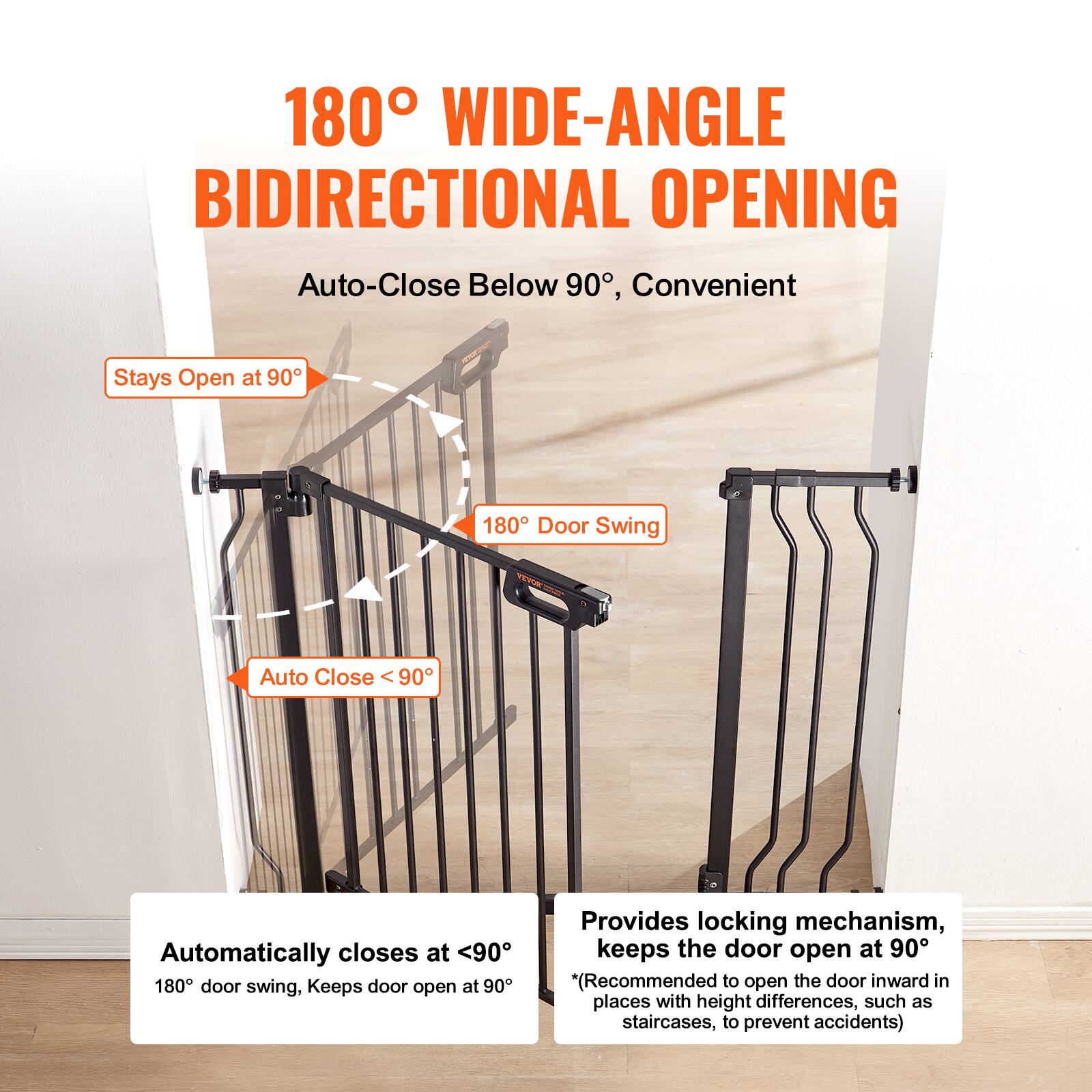 The text from the image can be grouped and corrected as follows:

**180° Wide-Angle Bidirectional Opening**

- **Auto-Close Below 90°, Convenient**
  - **Auto-Close <90°**: Automatically closes at <90°
  - **Stays Open at 90°**: Keeps door open at 90°
  - **180° Door Swing**: Provides locking mechanism, keeps the door open at 90°

*(Recommended to open the door inward in places with height differences, such as staircases, to prevent accidents)*