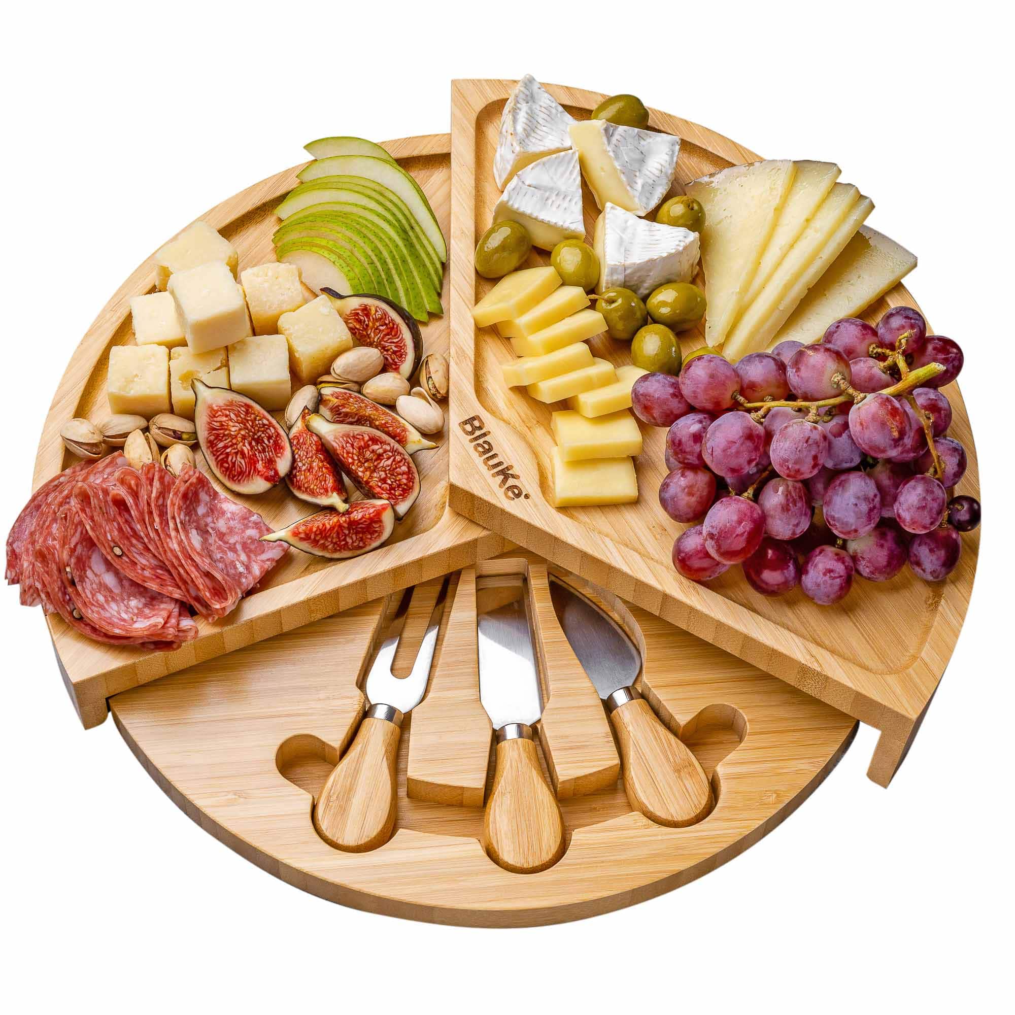 BlauKe - Bamboo Cheese Board and Knife Set - Charcuterie Board with Slide-Out Drawer - Serving Platter, Serving Tray - Gift Idea - Beige