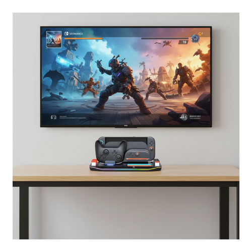 Left. Sonicgrace - Charging Dock & Storage Station for Switch 2, 2 Joy‑Con + 1 NS2 Pro Controller Charging, 12 Game Slots, 9 RGB, USB‑C - black.