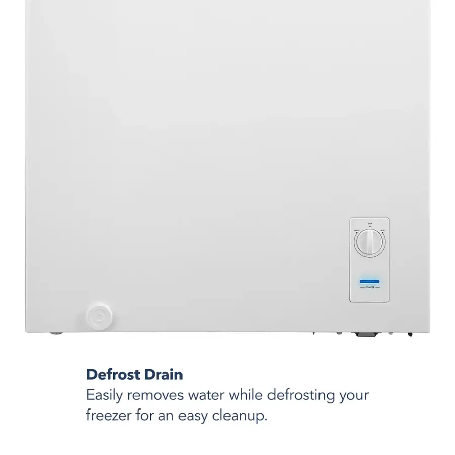 The text on the image reads: "Defrost Drain. Easily removes water while defrosting your freezer for an easy cleanup."