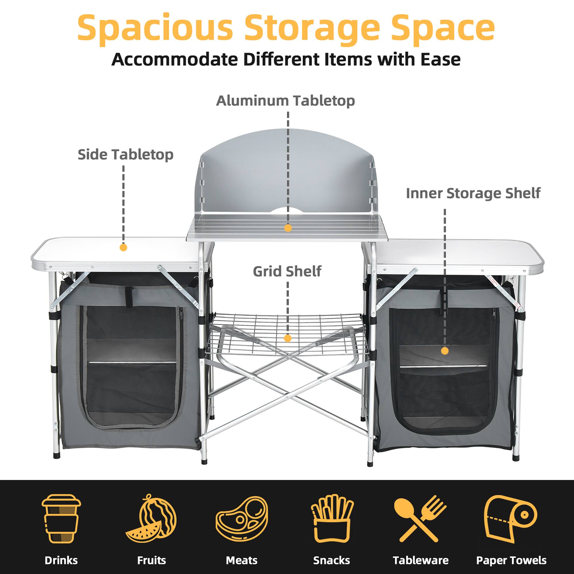 Spacious Storage Space Accommodate Different Items with Ease Aluminum Tabletop Side Tabletop Inner Storage Shelf Grid Shelf Drinks Fruits Meats Snacks Tableware Paper Towels