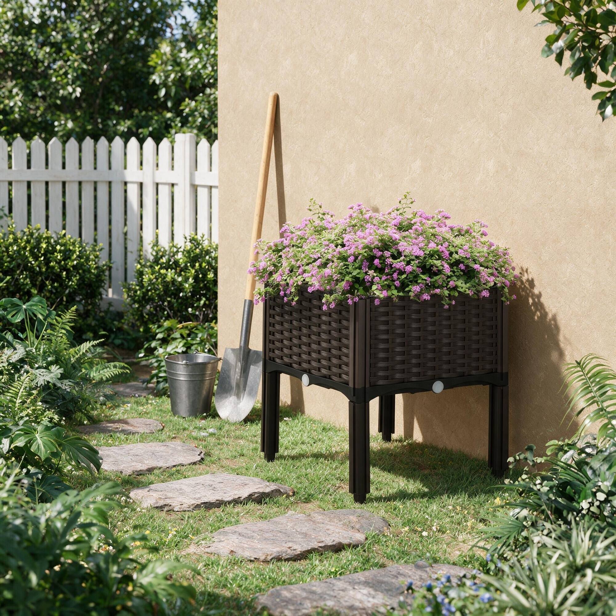 Back. RYHNUYNE - Outsunny Raised Garden Bed with Legs, Self-Watering Planter Box, Polypropylene Rattan Planter for Flowers Herbs - Brown.