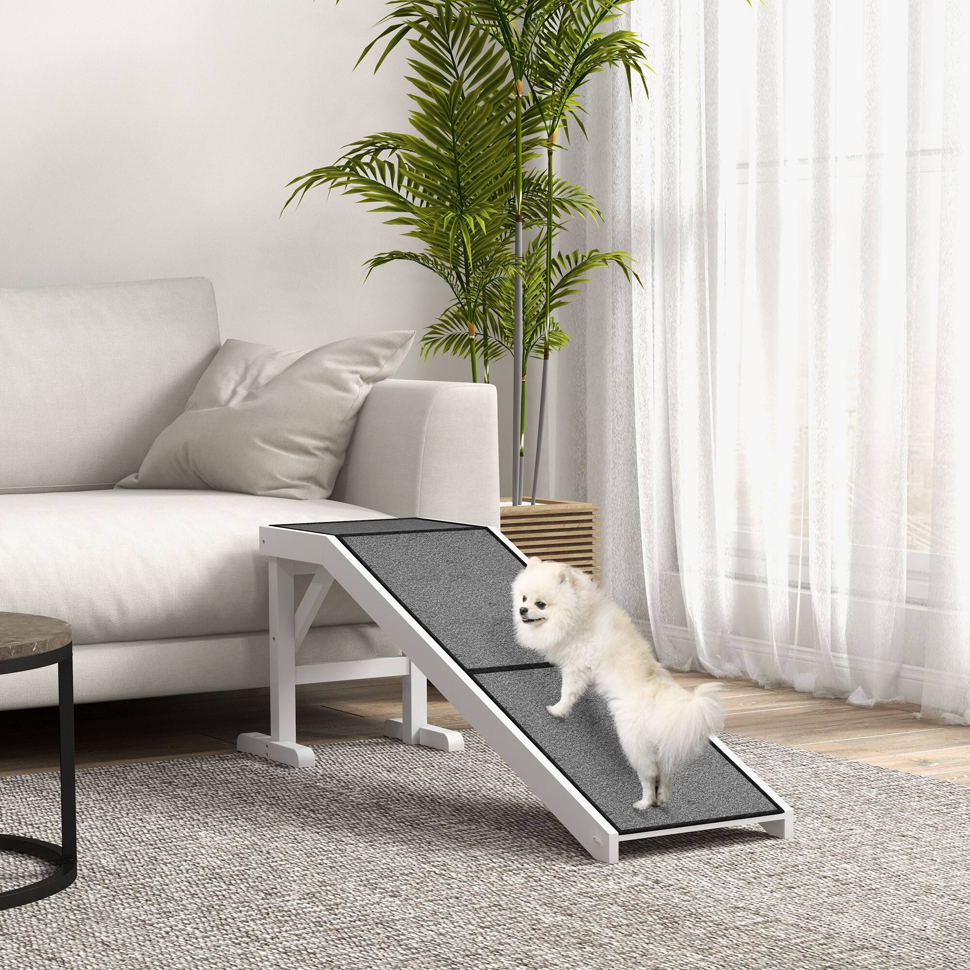 Angle. Pawhut - Dog Ramp for Bed, Pet Ramp for Dogs with Non-Slip Carpet and Top Platform, 60" x 16" x 20" - White.
