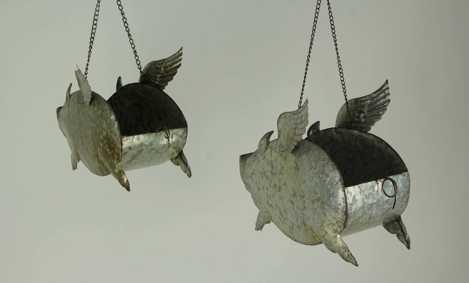 Alt View 2. Zeckos - Distressed Galvanized Metal Flying Pig Hanging Planter Set of 2 - Indoor/Outdoor - Gray.