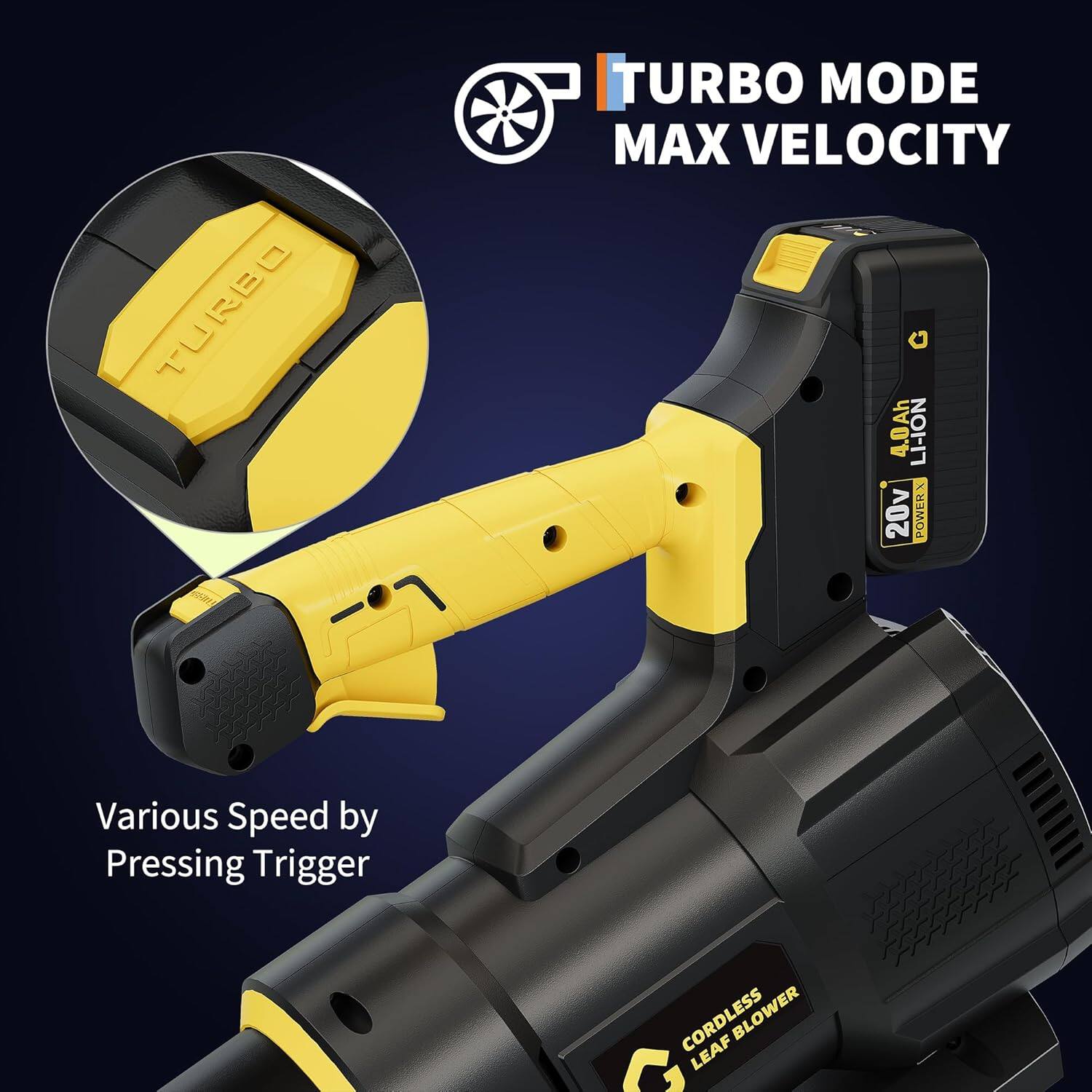 Sure, here is the corrected and grouped text from the image:

- TURBO MODE
- MAX VELOCITY
- 4.0Ah LI-ION
- 20v
- POWERX
- Various Speed by Pressing Trigger
- CORDLESS LEAF BLOWER